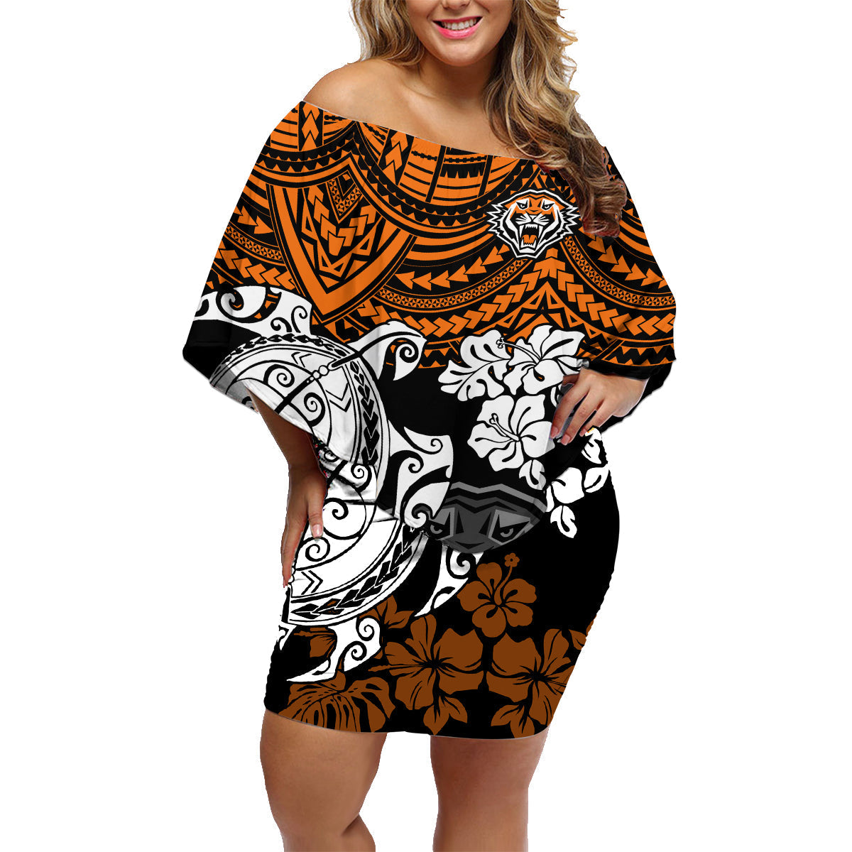 custom-wests-tigers-rugby-family-matching-off-shoulder-short-dress-and-hawaiian-shirt-hibiscus-and-turtle-with-polynesian-pattern
