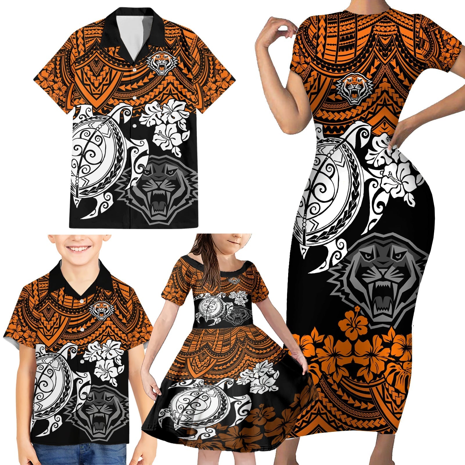 custom-wests-tigers-rugby-family-matching-short-sleeve-bodycon-dress-and-hawaiian-shirt-hibiscus-and-turtle-with-polynesian-pattern