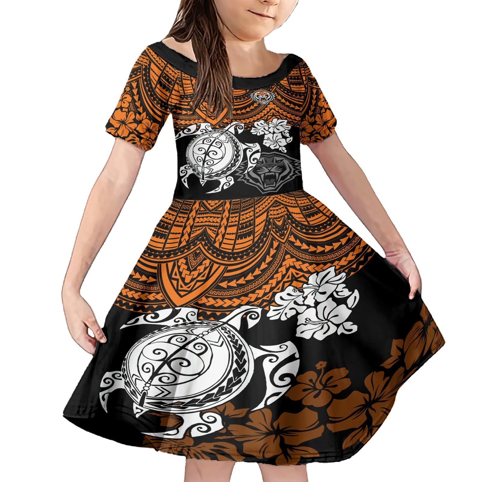 custom-wests-tigers-rugby-family-matching-short-sleeve-bodycon-dress-and-hawaiian-shirt-hibiscus-and-turtle-with-polynesian-pattern