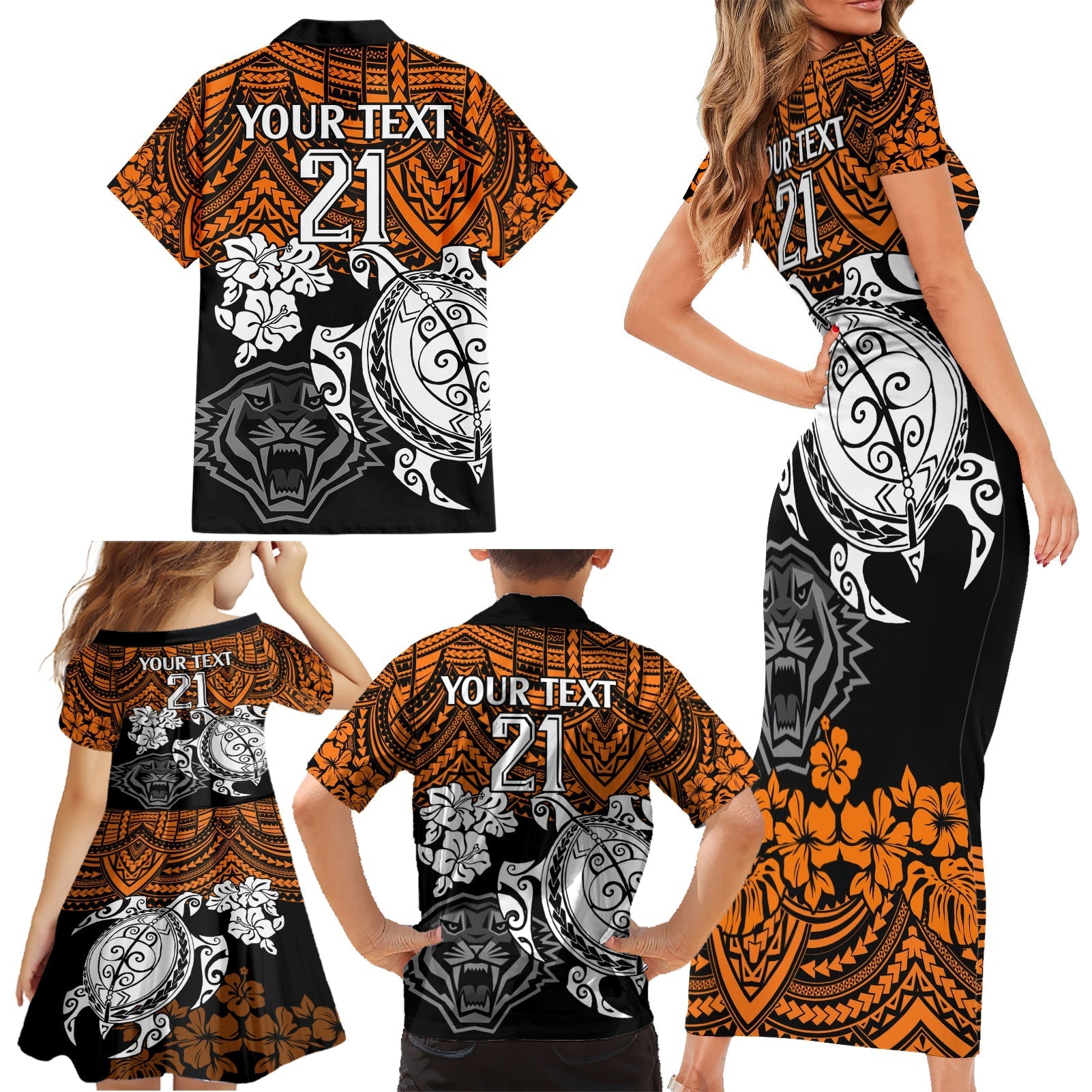 custom-wests-tigers-rugby-family-matching-short-sleeve-bodycon-dress-and-hawaiian-shirt-hibiscus-and-turtle-with-polynesian-pattern