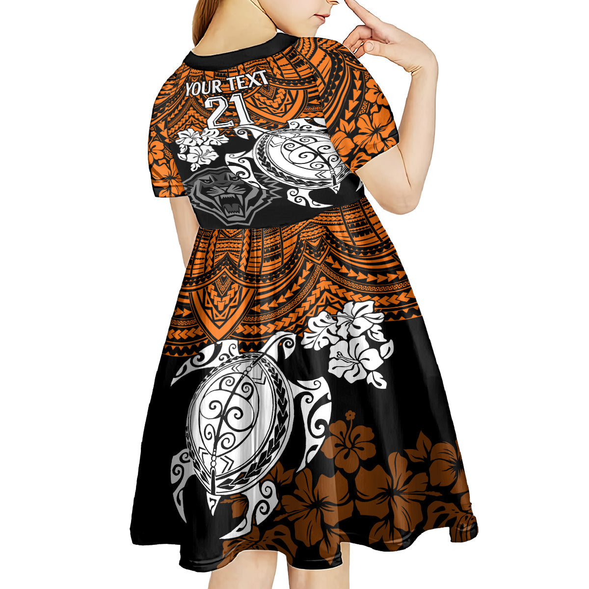 custom-wests-tigers-rugby-kid-short-sleeve-dress-hibiscus-and-turtle-with-polynesian-pattern