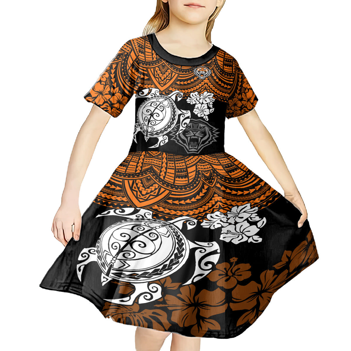 custom-wests-tigers-rugby-kid-short-sleeve-dress-hibiscus-and-turtle-with-polynesian-pattern