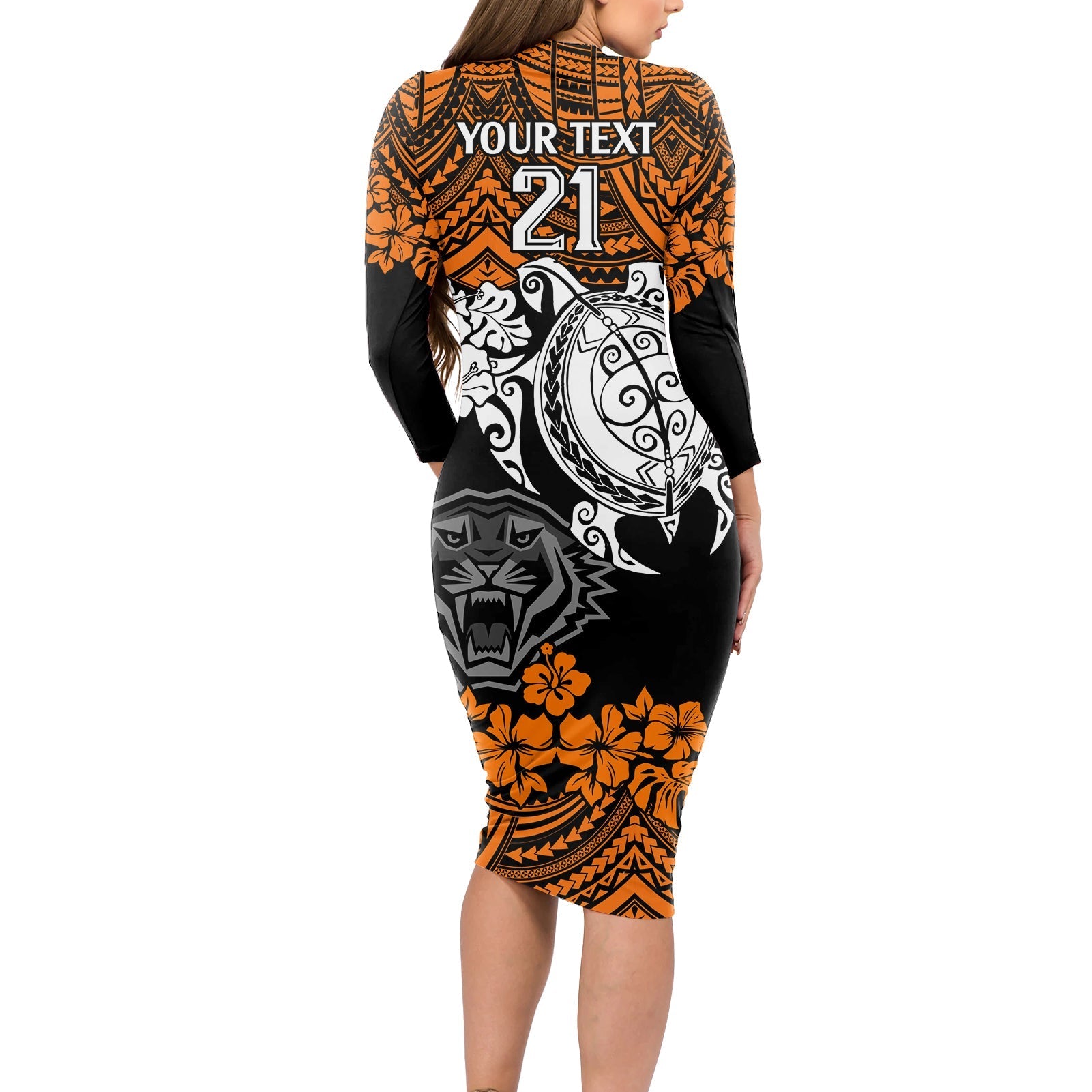 custom-wests-tigers-rugby-long-sleeve-bodycon-dress-hibiscus-and-turtle-with-polynesian-pattern