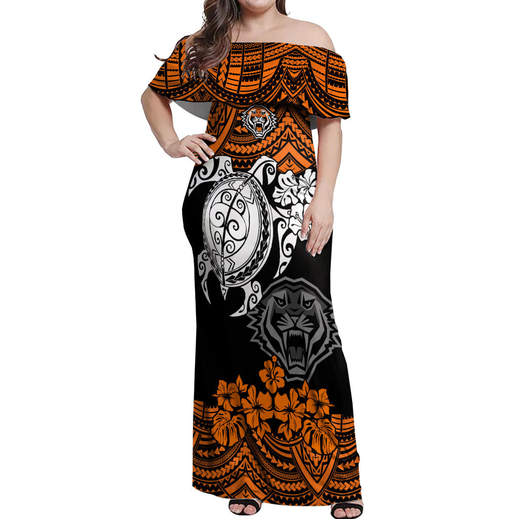 custom-wests-tigers-rugby-off-shoulder-maxi-dress-hibiscus-and-turtle-with-polynesian-pattern