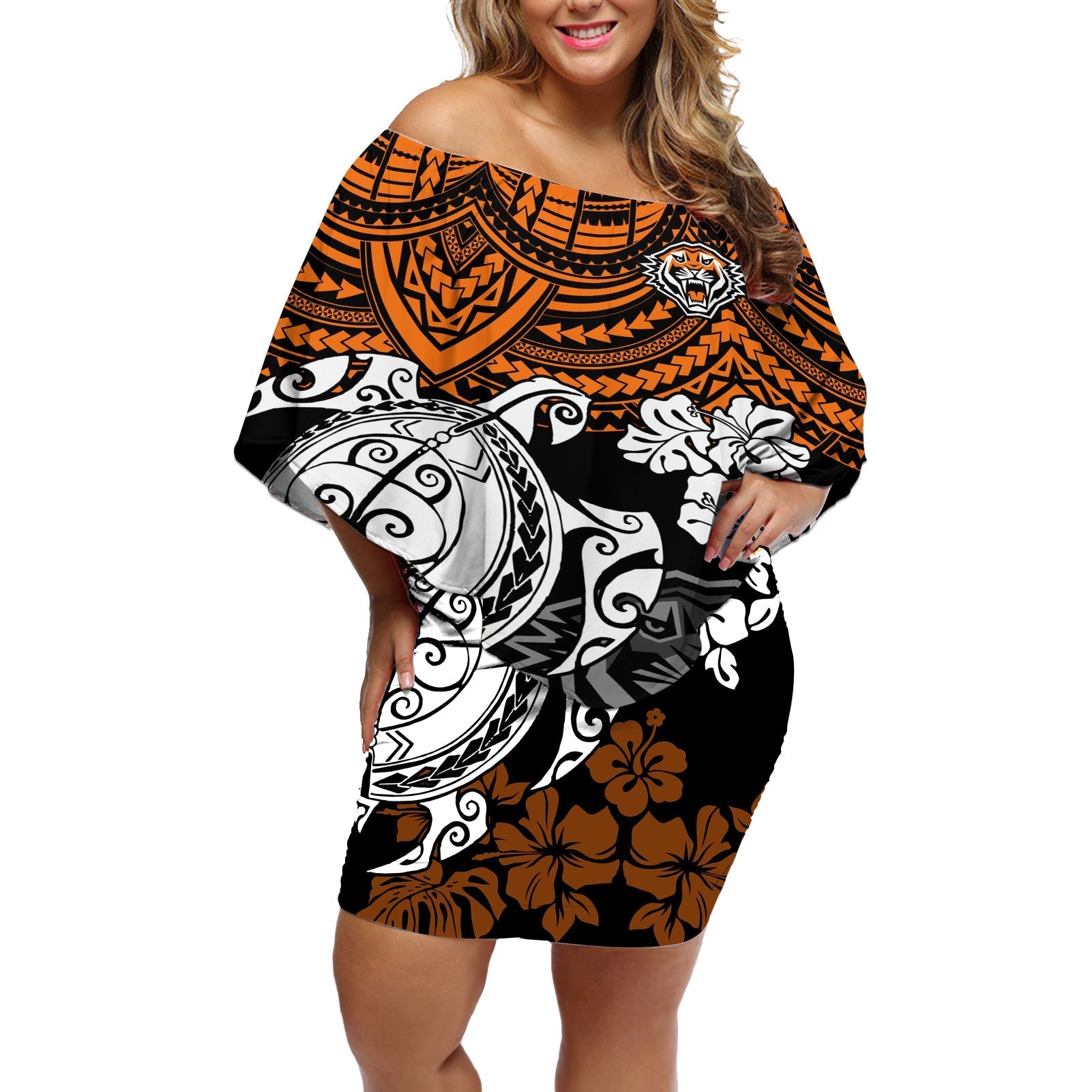 custom-wests-tigers-rugby-off-shoulder-short-dress-hibiscus-and-turtle-with-polynesian-pattern