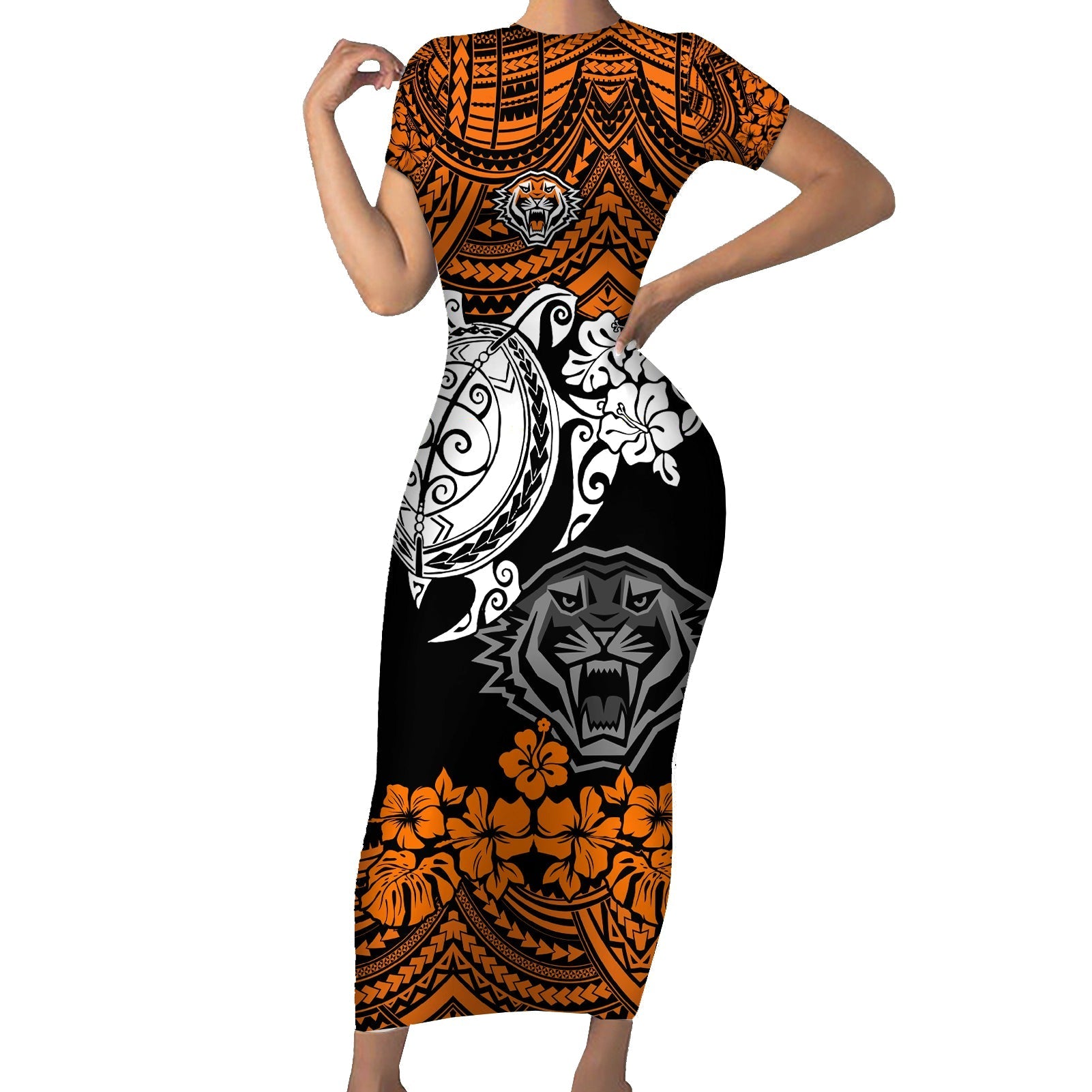 custom-wests-tigers-rugby-short-sleeve-bodycon-dress-hibiscus-and-turtle-with-polynesian-pattern