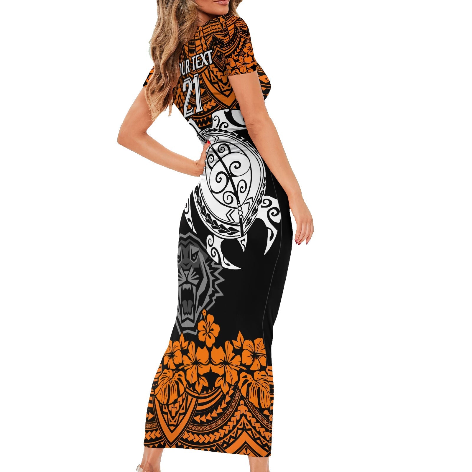 custom-wests-tigers-rugby-short-sleeve-bodycon-dress-hibiscus-and-turtle-with-polynesian-pattern