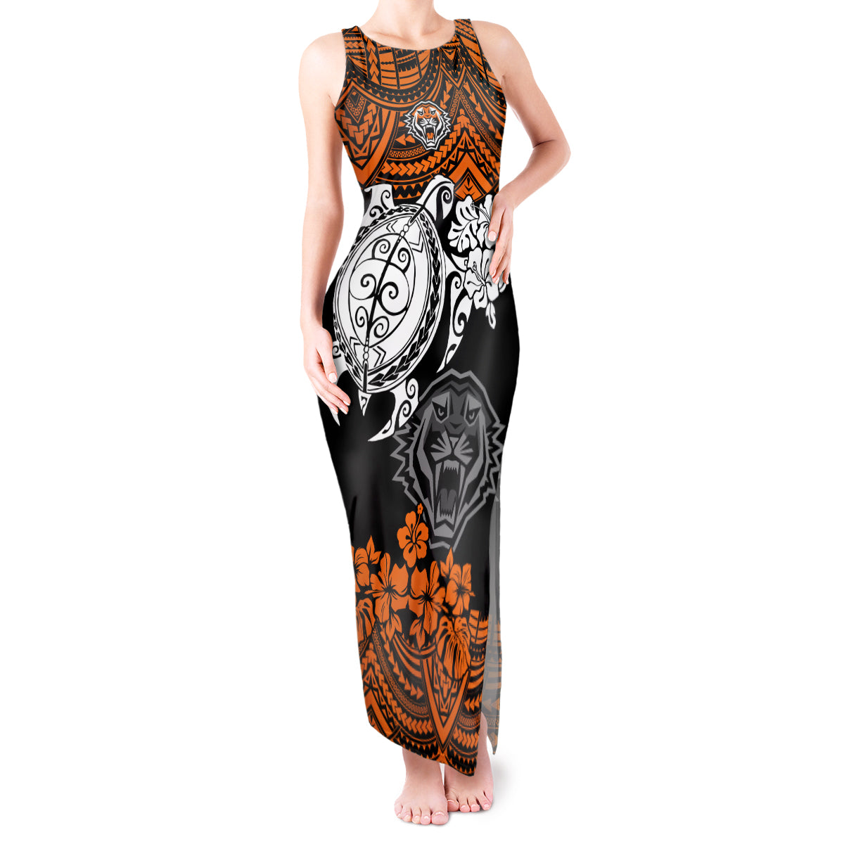 custom-wests-tigers-rugby-tank-maxi-dress-hibiscus-and-turtle-with-polynesian-pattern