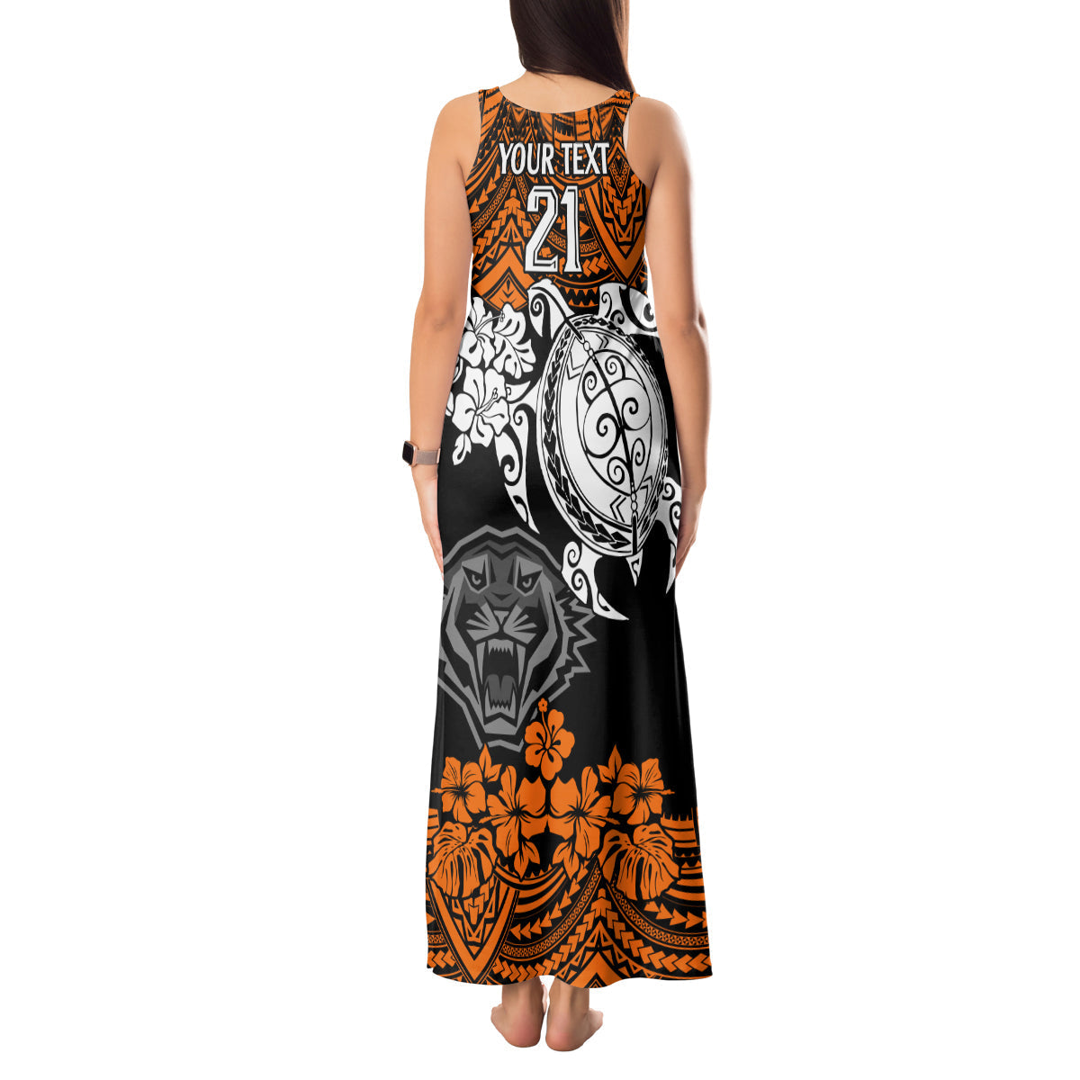 custom-wests-tigers-rugby-tank-maxi-dress-hibiscus-and-turtle-with-polynesian-pattern