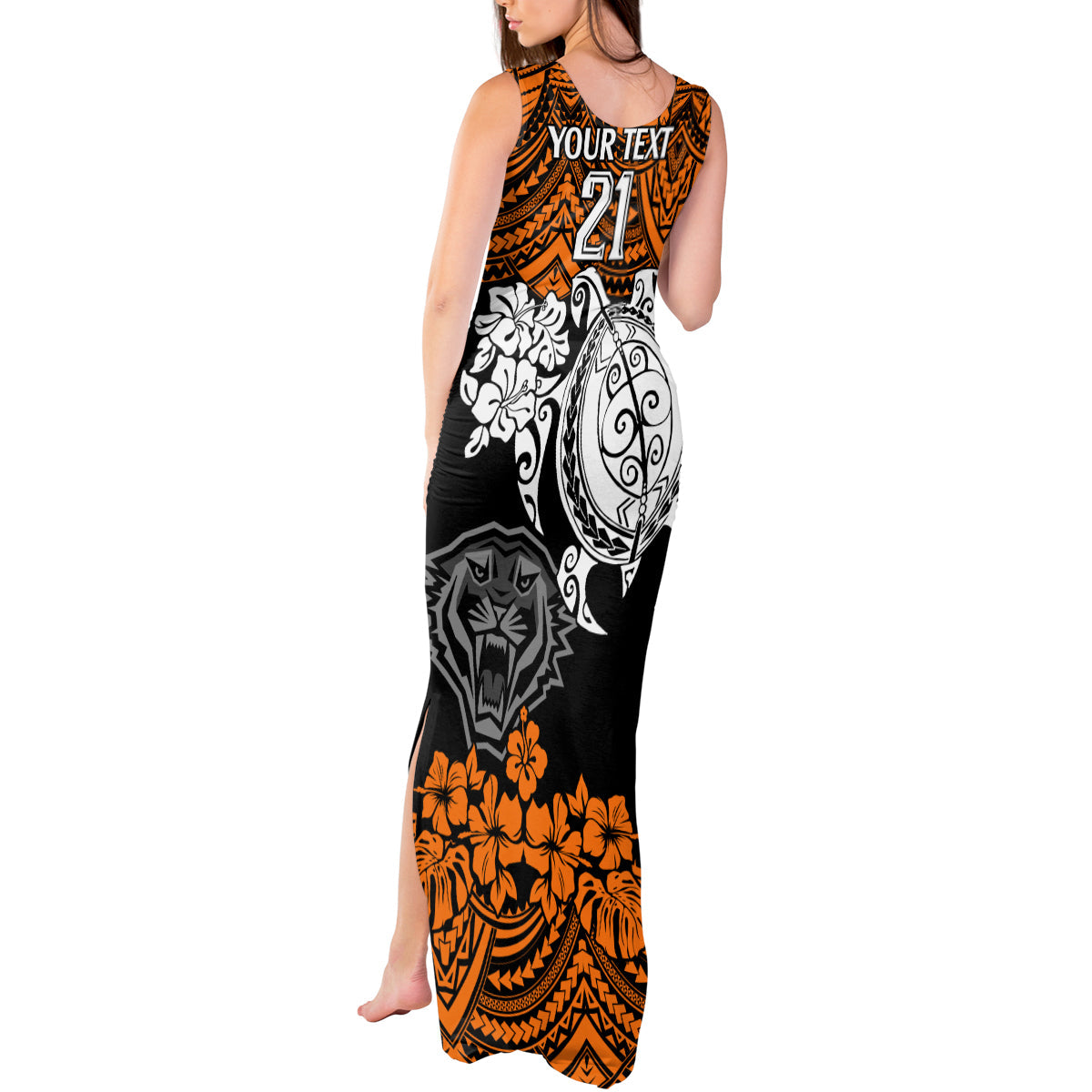 custom-wests-tigers-rugby-tank-maxi-dress-hibiscus-and-turtle-with-polynesian-pattern