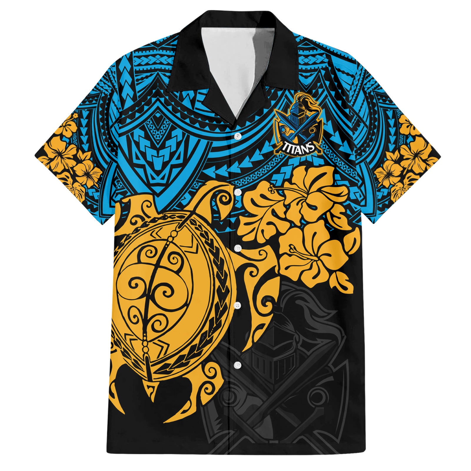 Custom Titans Rugby Hawaiian Shirt GLD Hibiscus and Turtle With Polynesian Pattern - Vibe Hoodie Shop
