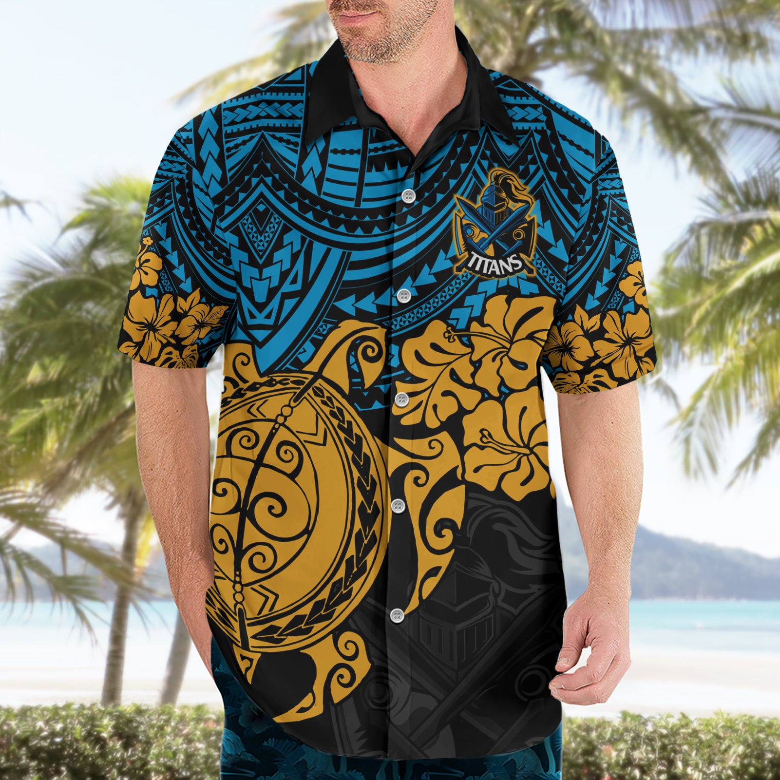 Custom Titans Rugby Hawaiian Shirt GLD Hibiscus and Turtle With Polynesian Pattern - Vibe Hoodie Shop