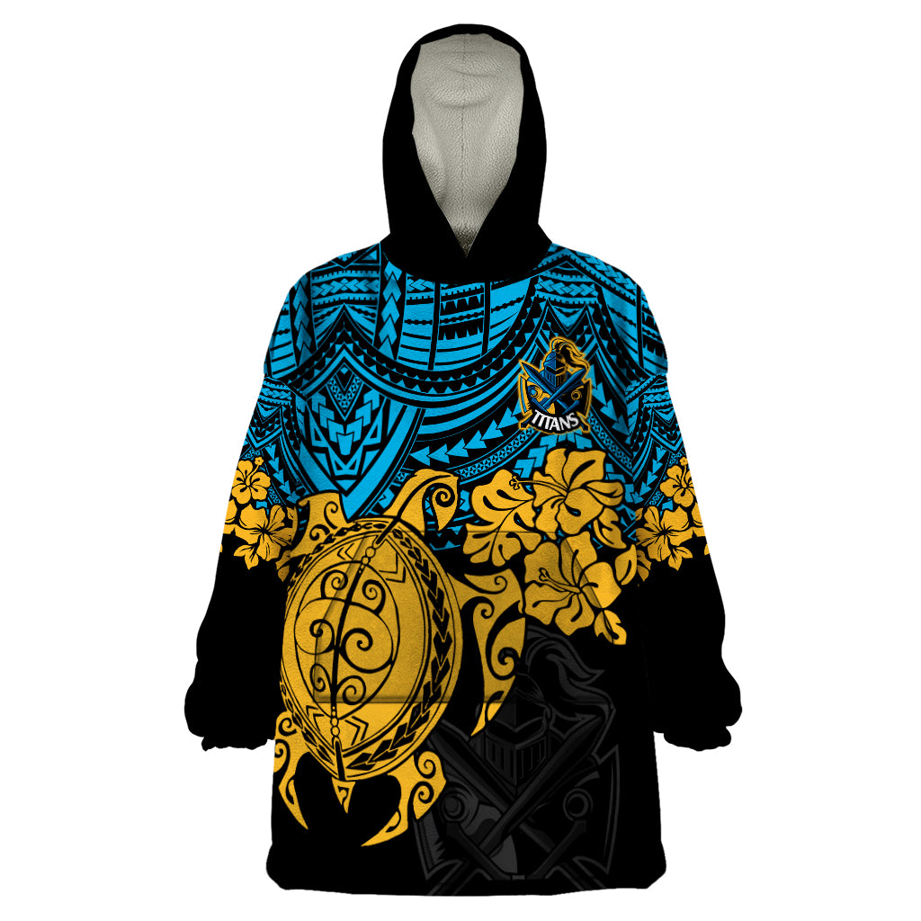 Custom Titans Rugby Wearable Blanket Hoodie GLD Hibiscus and Turtle With Polynesian Pattern - Vibe Hoodie Shop