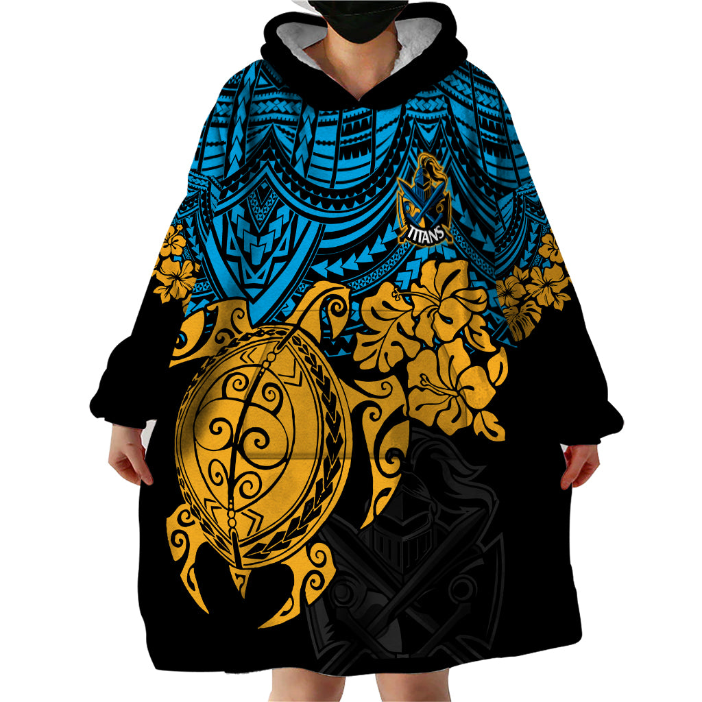 Custom Titans Rugby Wearable Blanket Hoodie GLD Hibiscus and Turtle With Polynesian Pattern - Vibe Hoodie Shop