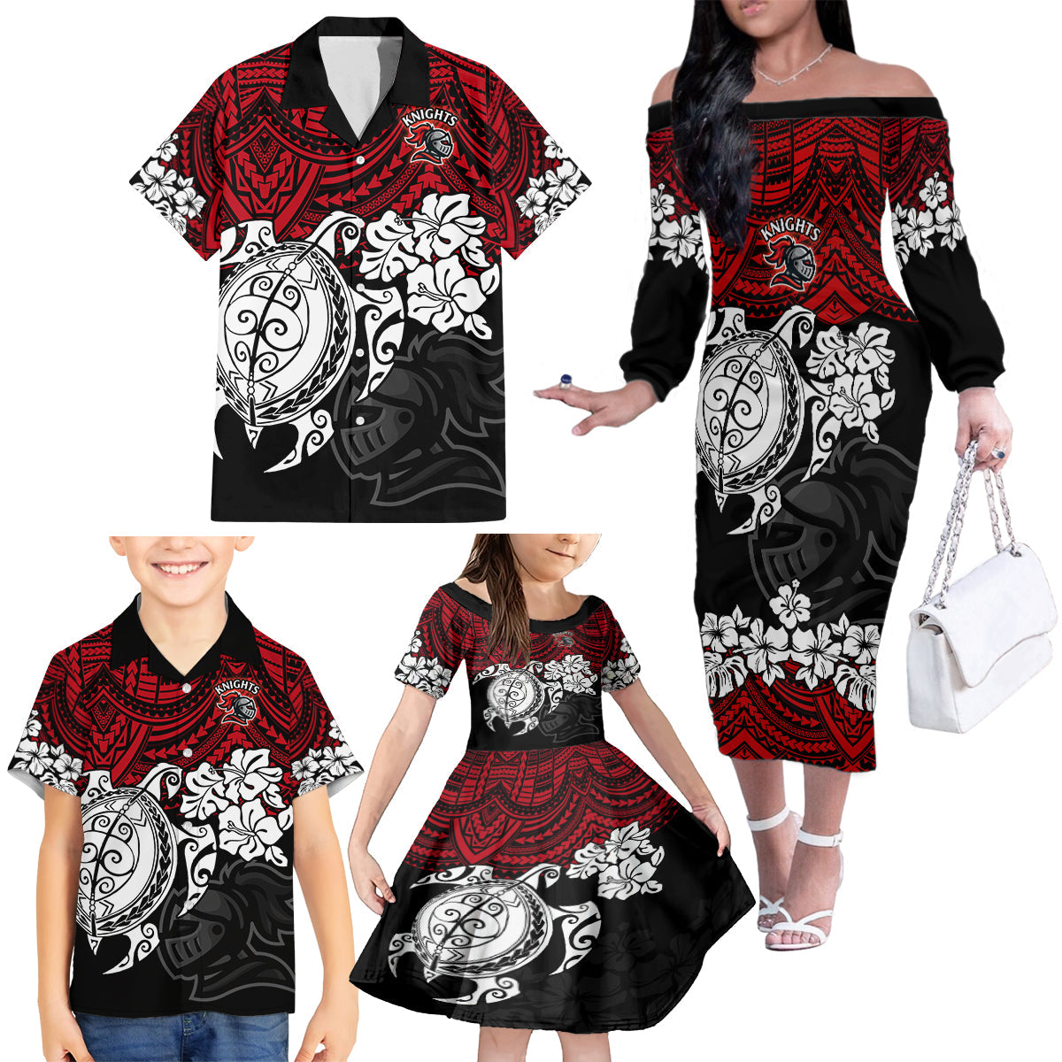 custom-knights-rugby-family-matching-off-shoulder-long-sleeve-dress-and-hawaiian-shirt-novocastrians-hibiscus-and-turtle-with-polynesian-pattern