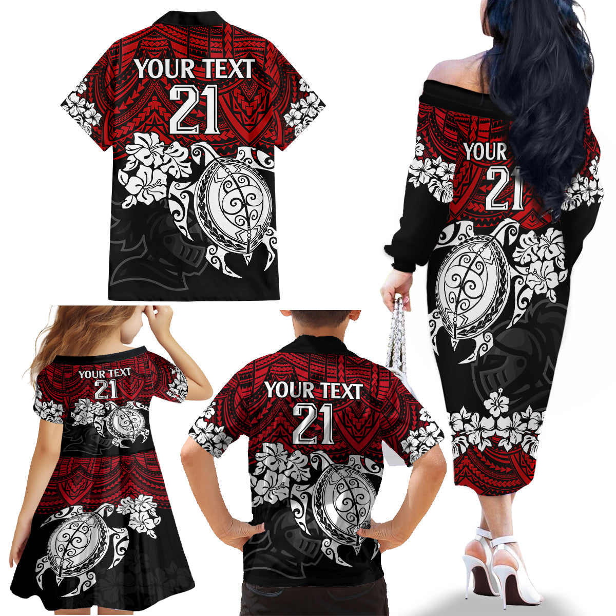 custom-knights-rugby-family-matching-off-shoulder-long-sleeve-dress-and-hawaiian-shirt-novocastrians-hibiscus-and-turtle-with-polynesian-pattern