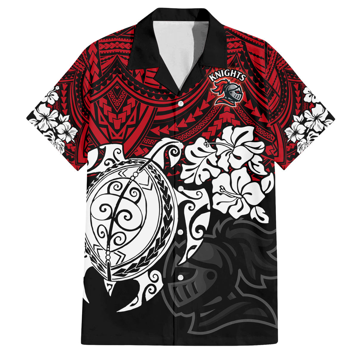 custom-knights-rugby-family-matching-off-shoulder-long-sleeve-dress-and-hawaiian-shirt-novocastrians-hibiscus-and-turtle-with-polynesian-pattern