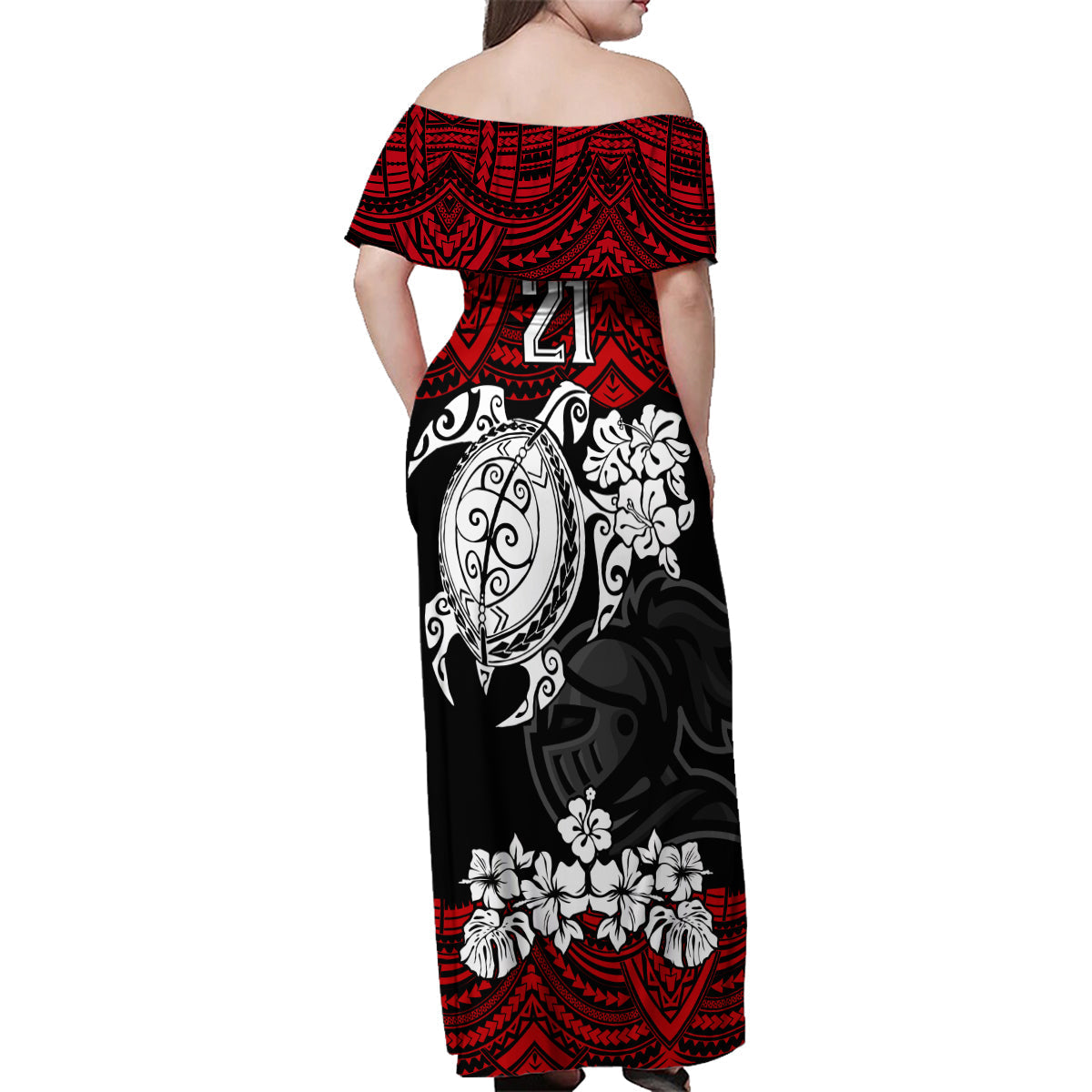custom-knights-rugby-family-matching-off-shoulder-maxi-dress-and-hawaiian-shirt-novocastrians-hibiscus-and-turtle-with-polynesian-pattern
