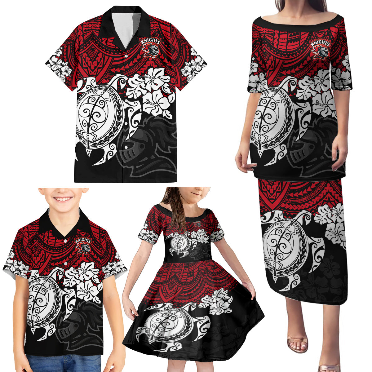 custom-knights-rugby-family-matching-puletasi-dress-and-hawaiian-shirt-novocastrians-hibiscus-and-turtle-with-polynesian-pattern
