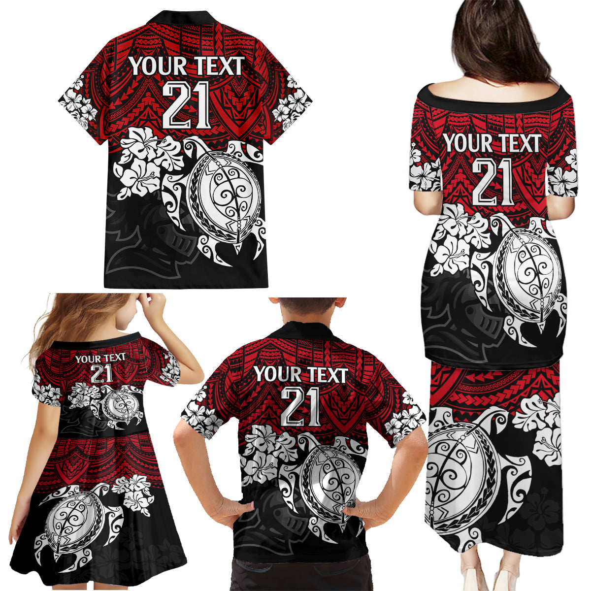 custom-knights-rugby-family-matching-puletasi-dress-and-hawaiian-shirt-novocastrians-hibiscus-and-turtle-with-polynesian-pattern