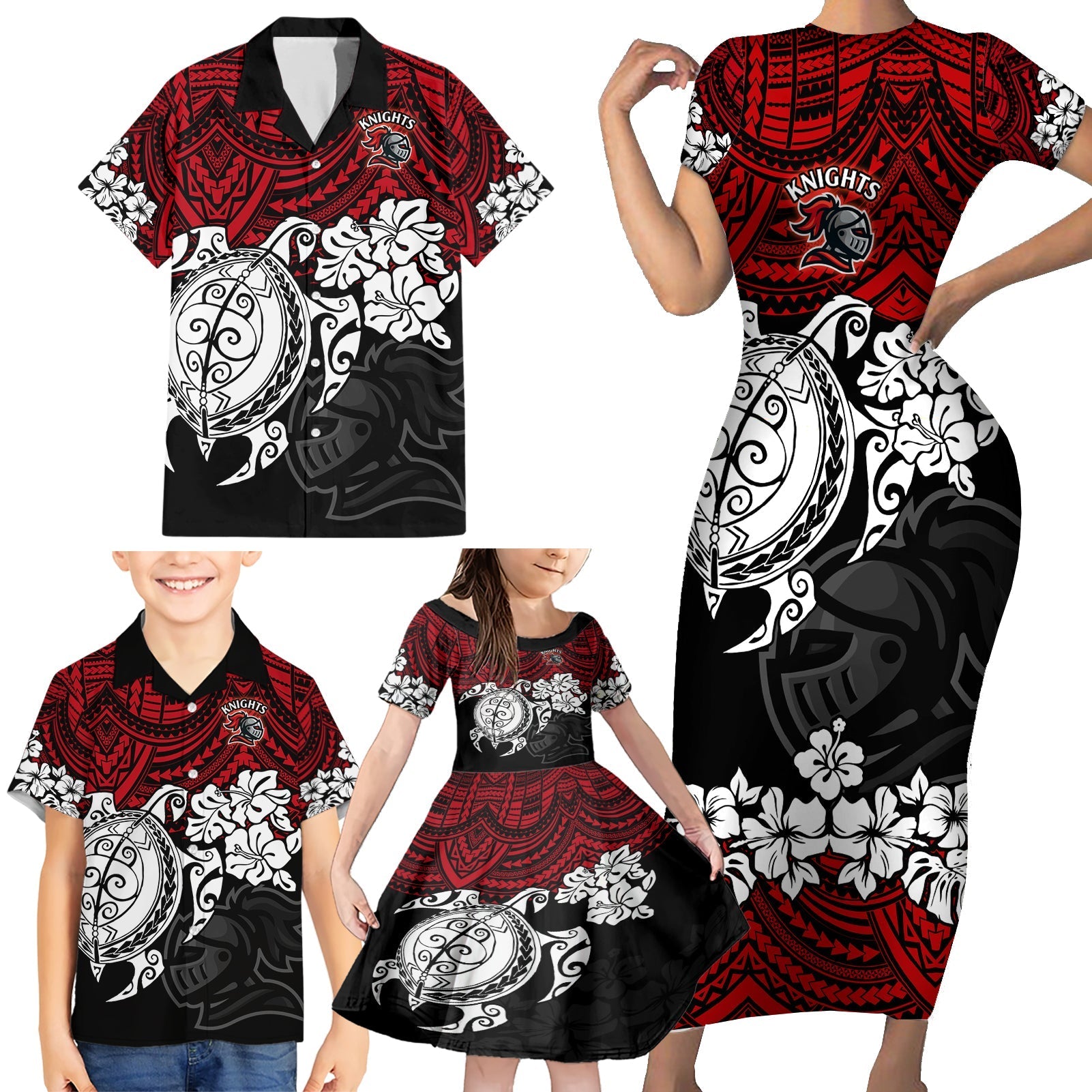 custom-knights-rugby-family-matching-short-sleeve-bodycon-dress-and-hawaiian-shirt-novocastrians-hibiscus-and-turtle-with-polynesian-pattern