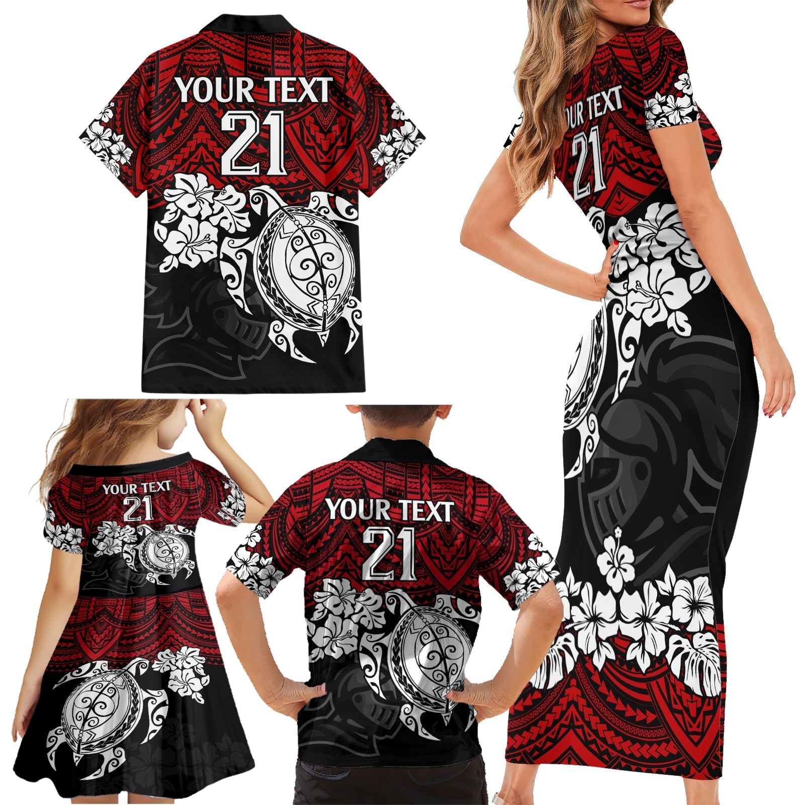 custom-knights-rugby-family-matching-short-sleeve-bodycon-dress-and-hawaiian-shirt-novocastrians-hibiscus-and-turtle-with-polynesian-pattern