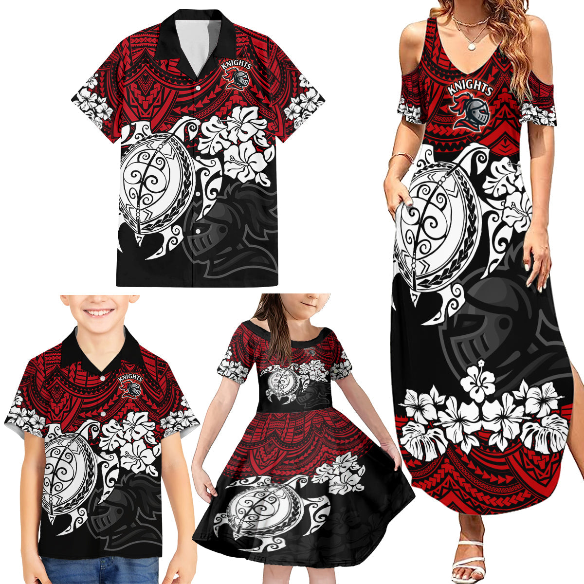 custom-knights-rugby-family-matching-summer-maxi-dress-and-hawaiian-shirt-novocastrians-hibiscus-and-turtle-with-polynesian-pattern