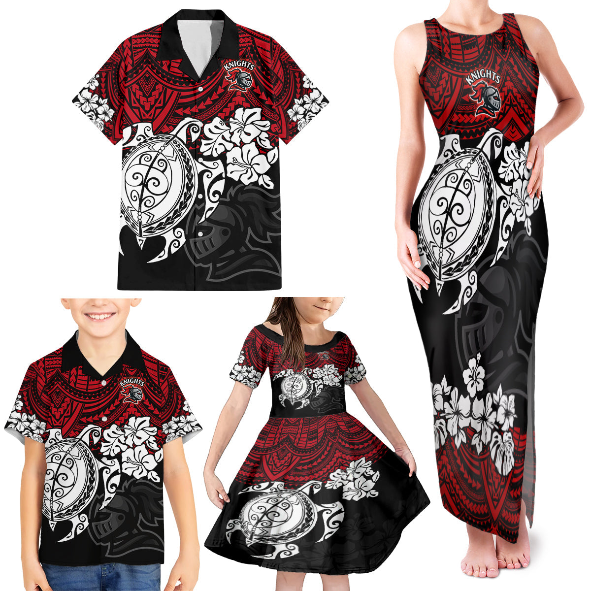 custom-knights-rugby-family-matching-tank-maxi-dress-and-hawaiian-shirt-novocastrians-hibiscus-and-turtle-with-polynesian-pattern