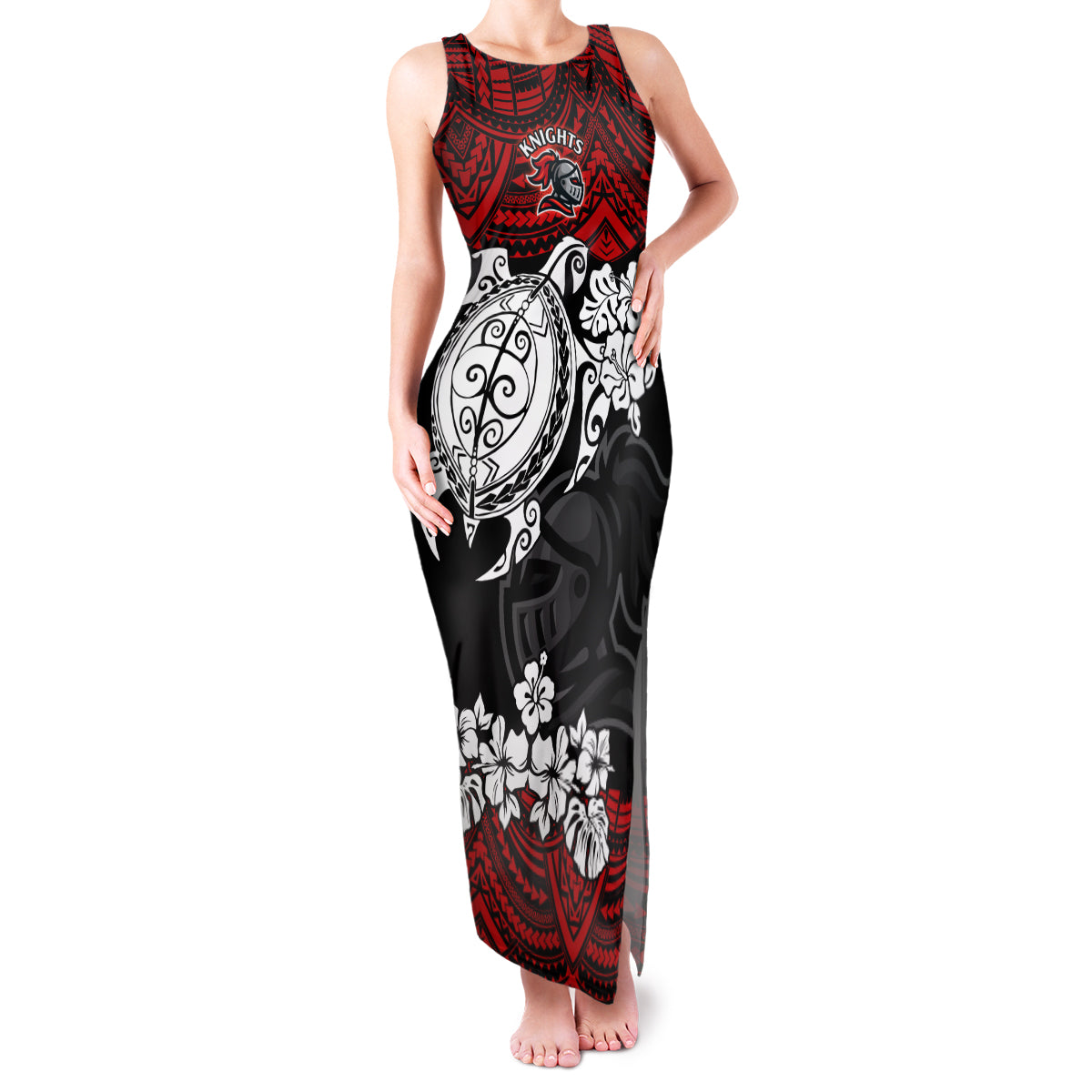 custom-knights-rugby-family-matching-tank-maxi-dress-and-hawaiian-shirt-novocastrians-hibiscus-and-turtle-with-polynesian-pattern