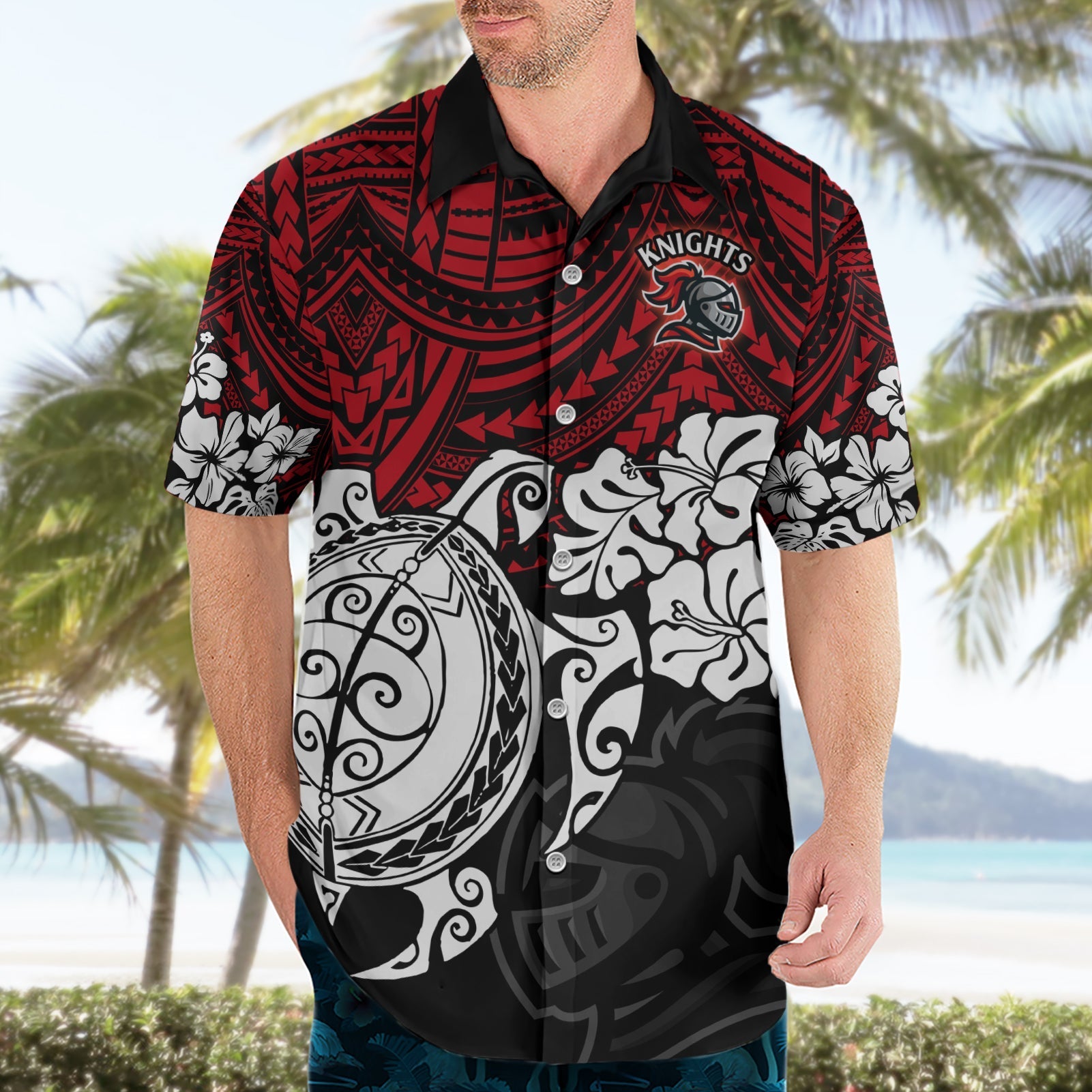 Custom Knights Rugby Hawaiian Shirt Novocastrians Hibiscus and Turtle With Polynesian Pattern - Vibe Hoodie Shop