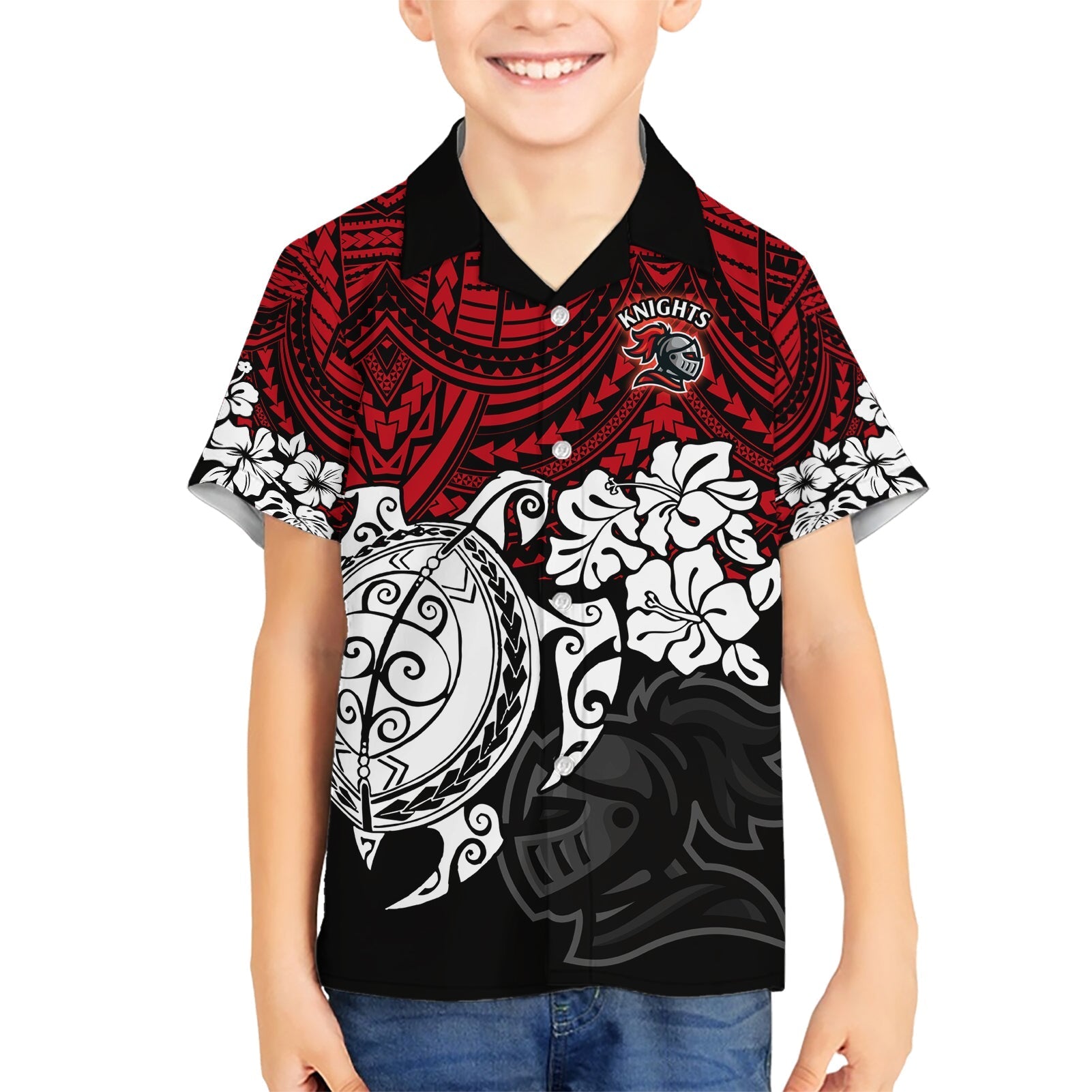 Custom Knights Rugby Hawaiian Shirt Novocastrians Hibiscus and Turtle With Polynesian Pattern - Vibe Hoodie Shop