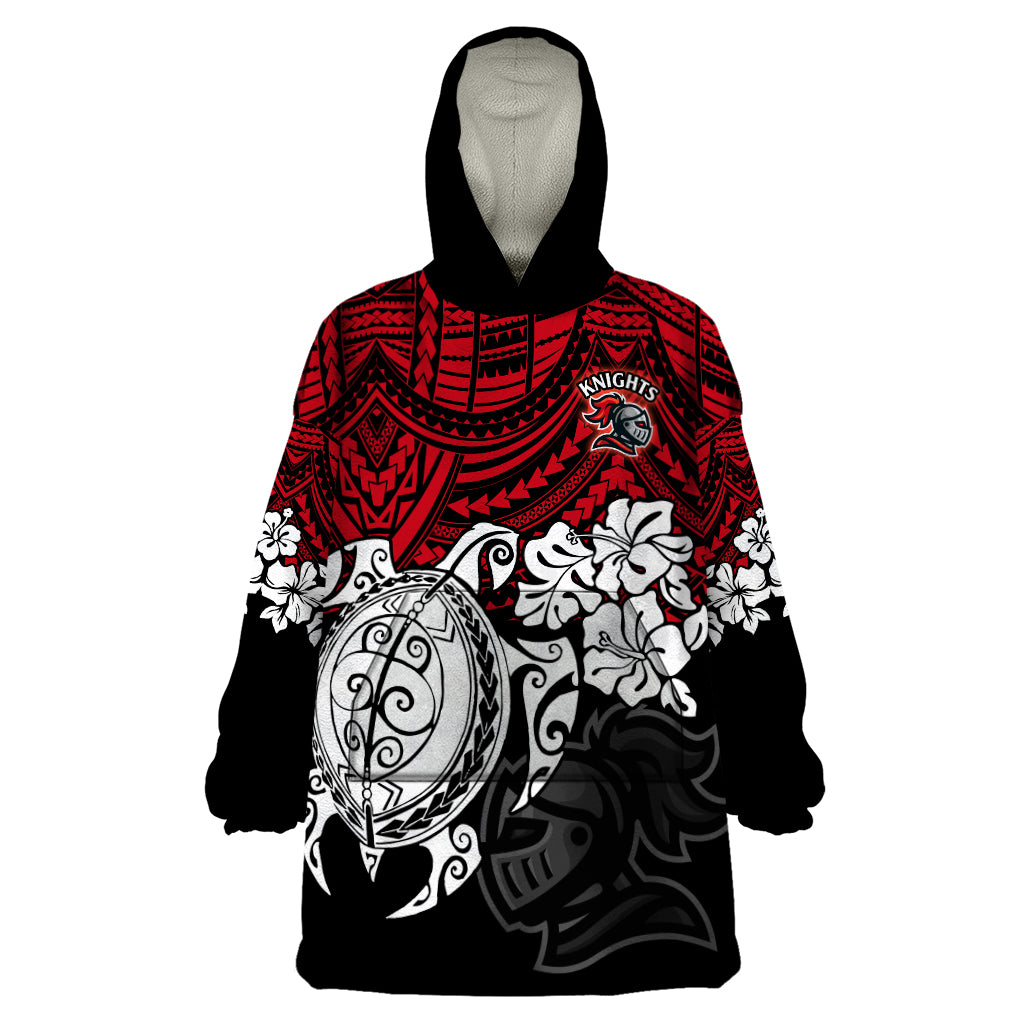 Custom Knights Rugby Wearable Blanket Hoodie Novocastrians Hibiscus and Turtle With Polynesian Pattern - Vibe Hoodie Shop