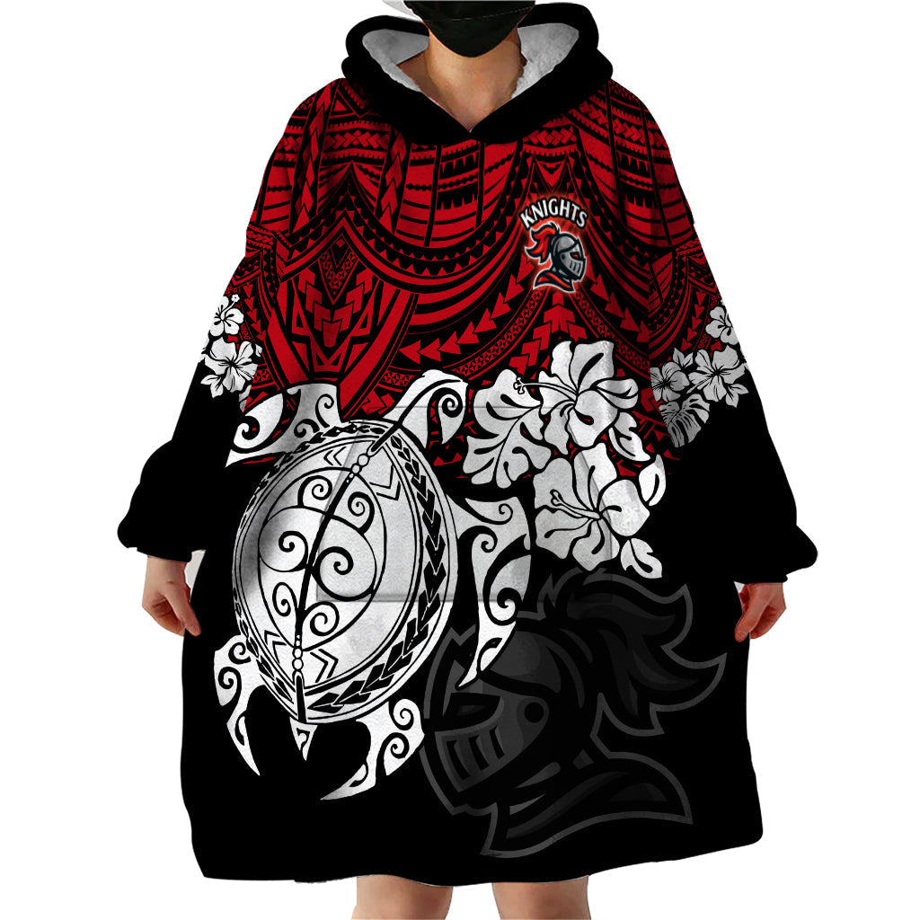 Custom Knights Rugby Wearable Blanket Hoodie Novocastrians Hibiscus and Turtle With Polynesian Pattern - Vibe Hoodie Shop