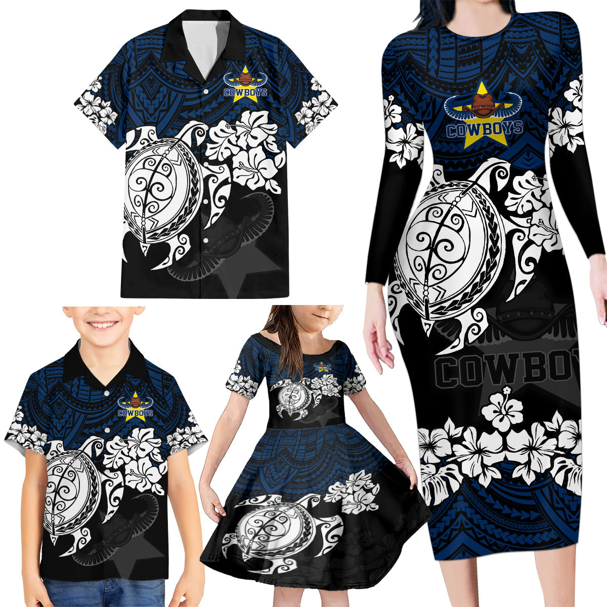 custom-cowboys-rugby-family-matching-long-sleeve-bodycon-dress-and-hawaiian-shirt-hibiscus-and-turtle-with-polynesian-pattern