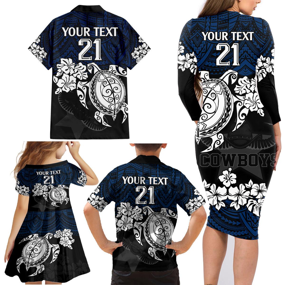 custom-cowboys-rugby-family-matching-long-sleeve-bodycon-dress-and-hawaiian-shirt-hibiscus-and-turtle-with-polynesian-pattern
