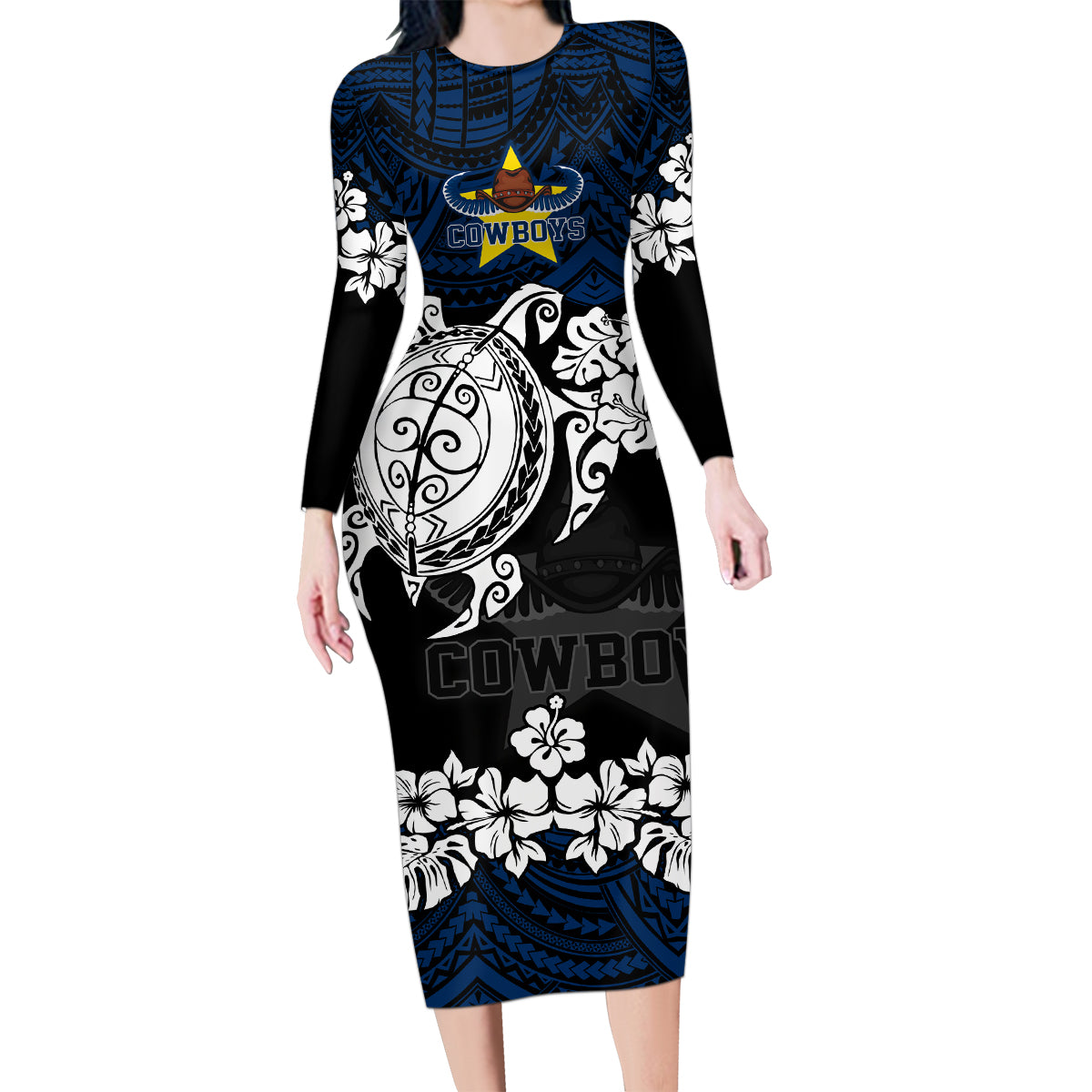 custom-cowboys-rugby-family-matching-long-sleeve-bodycon-dress-and-hawaiian-shirt-hibiscus-and-turtle-with-polynesian-pattern