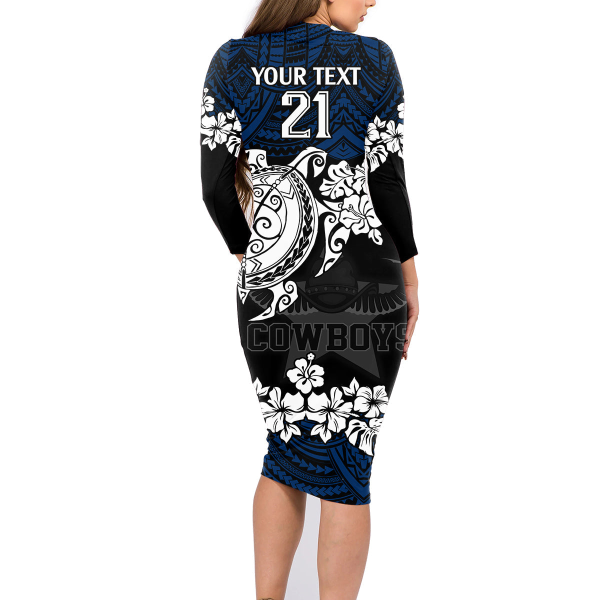 custom-cowboys-rugby-family-matching-long-sleeve-bodycon-dress-and-hawaiian-shirt-hibiscus-and-turtle-with-polynesian-pattern
