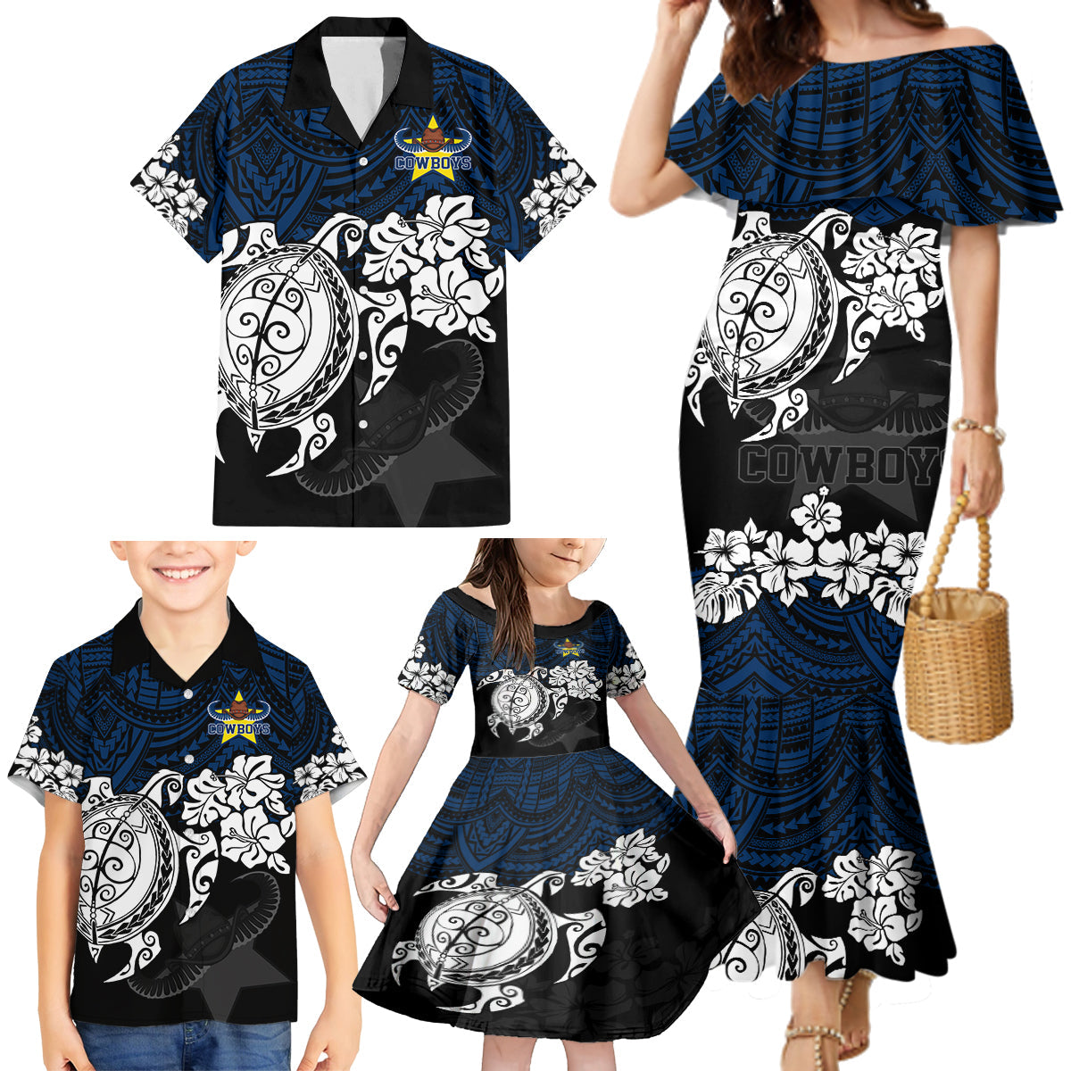 custom-cowboys-rugby-family-matching-mermaid-dress-and-hawaiian-shirt-hibiscus-and-turtle-with-polynesian-pattern