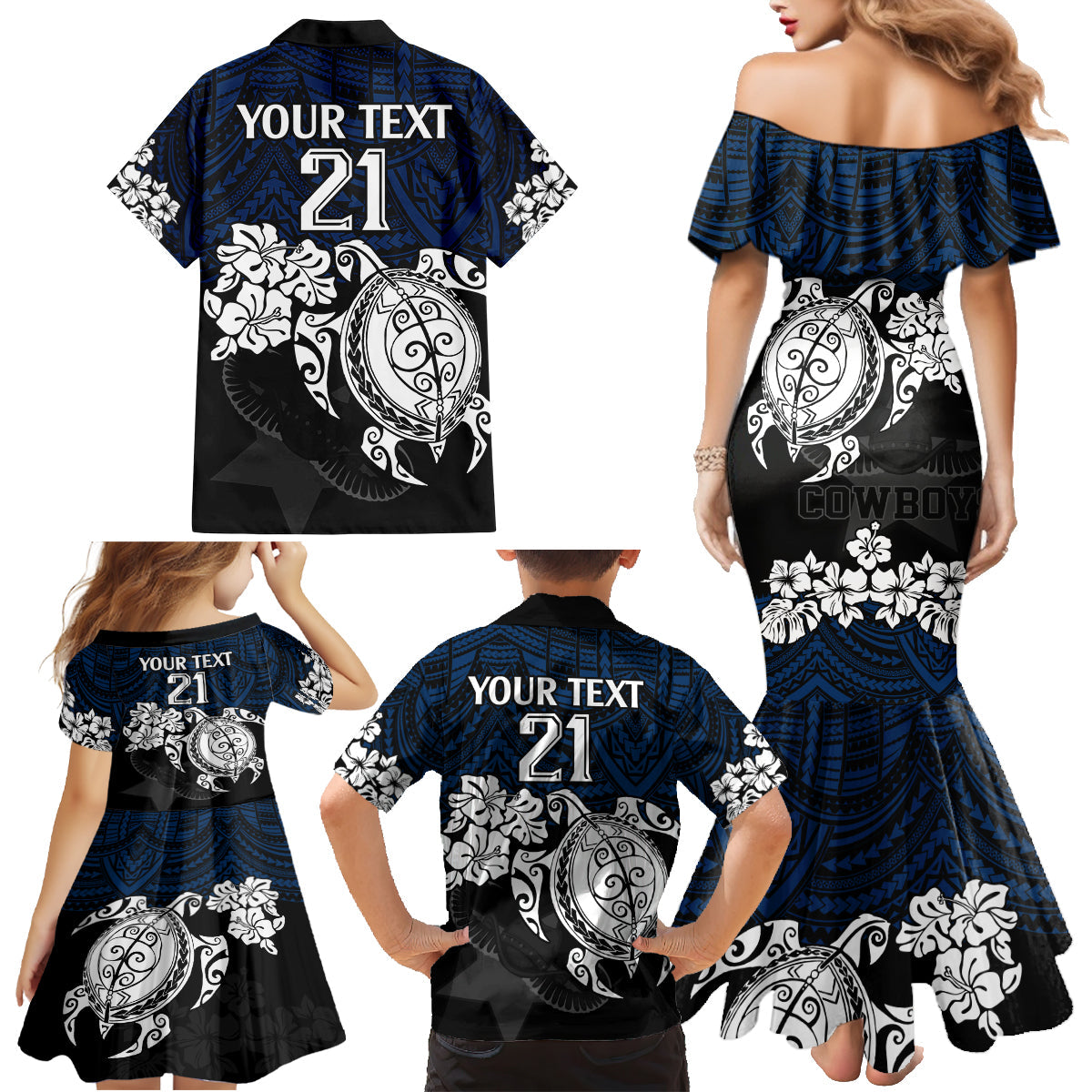 custom-cowboys-rugby-family-matching-mermaid-dress-and-hawaiian-shirt-hibiscus-and-turtle-with-polynesian-pattern