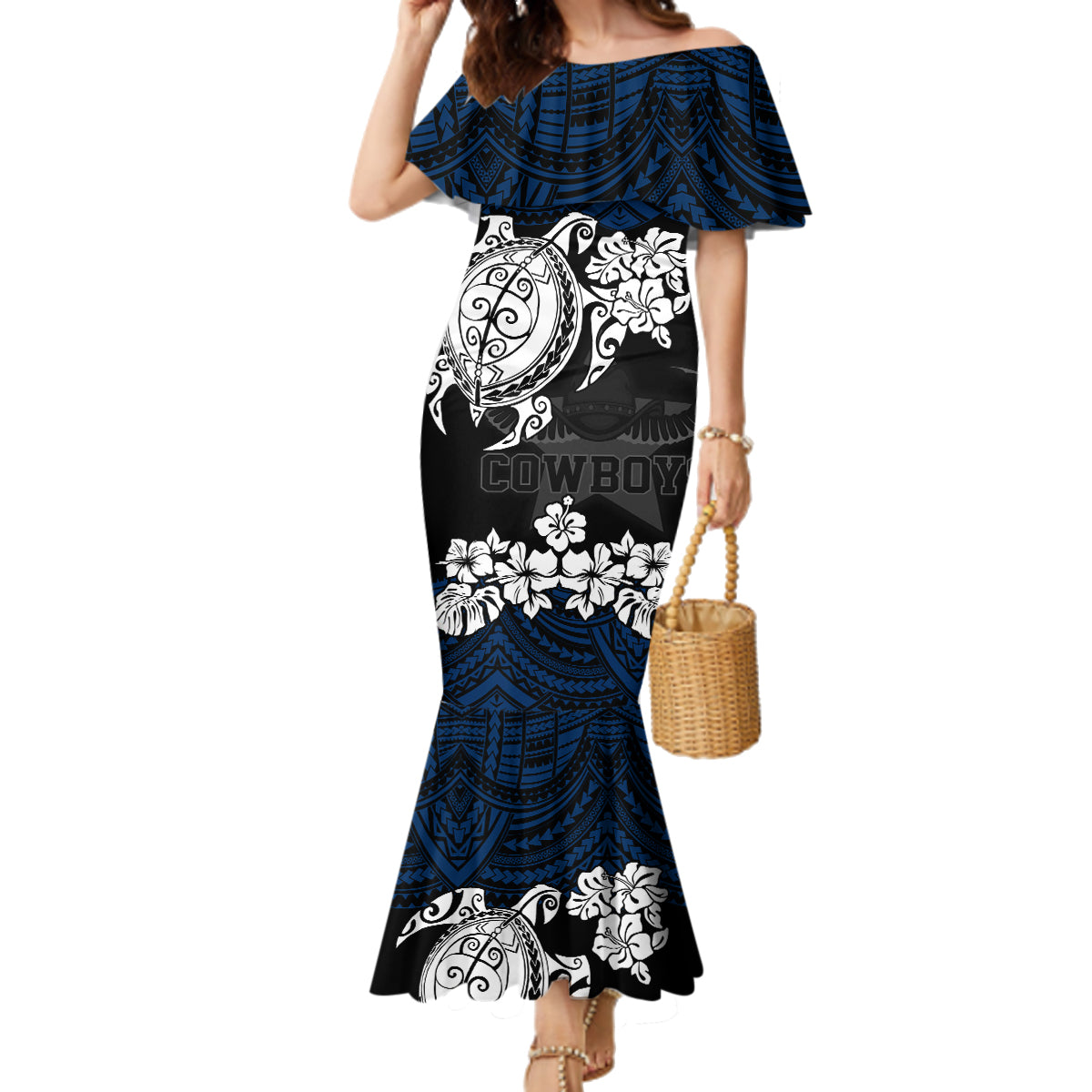 custom-cowboys-rugby-family-matching-mermaid-dress-and-hawaiian-shirt-hibiscus-and-turtle-with-polynesian-pattern
