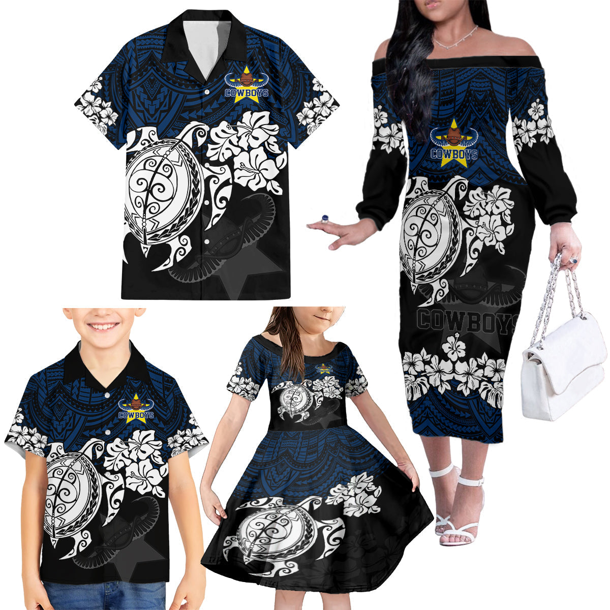 custom-cowboys-rugby-family-matching-off-shoulder-long-sleeve-dress-and-hawaiian-shirt-hibiscus-and-turtle-with-polynesian-pattern