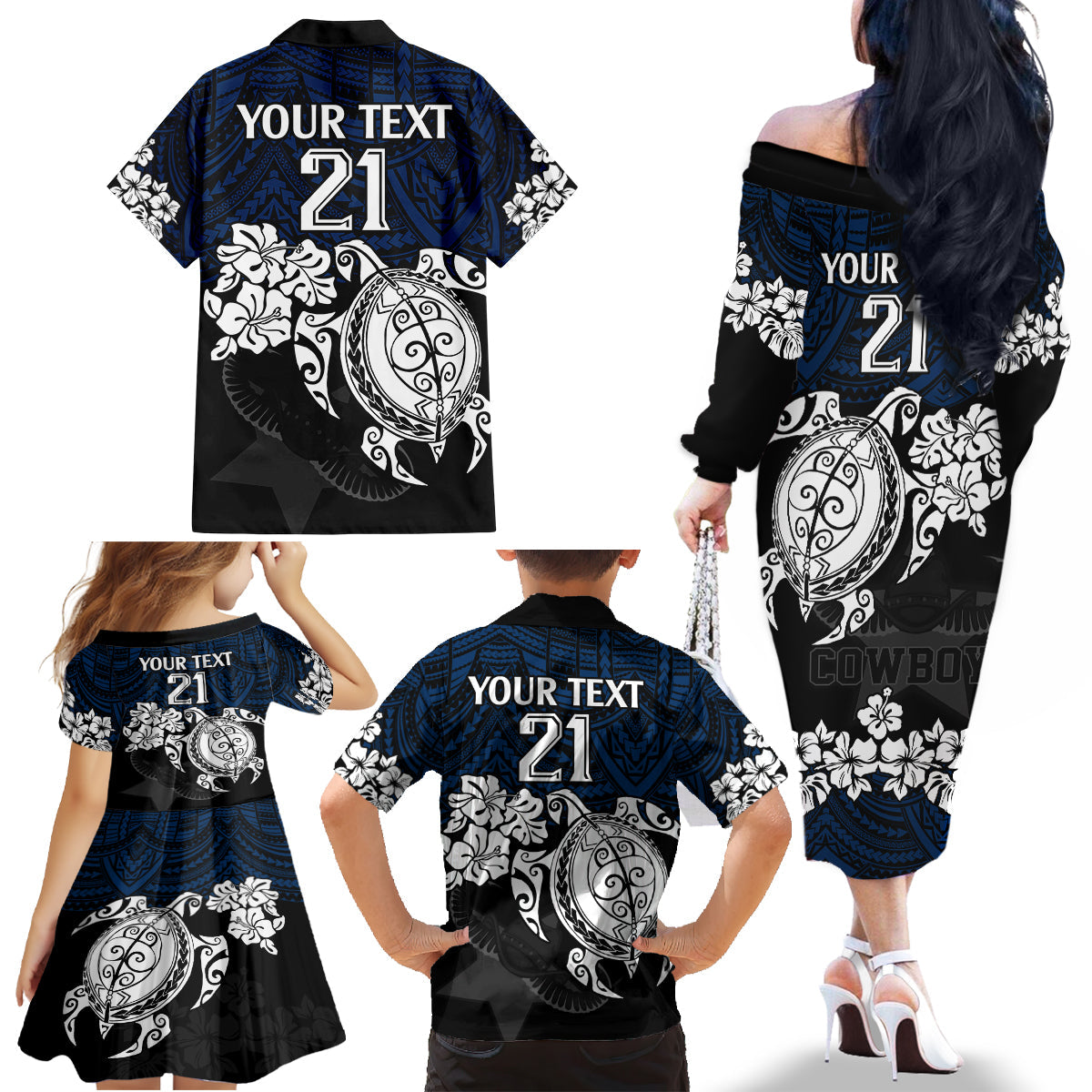 custom-cowboys-rugby-family-matching-off-shoulder-long-sleeve-dress-and-hawaiian-shirt-hibiscus-and-turtle-with-polynesian-pattern