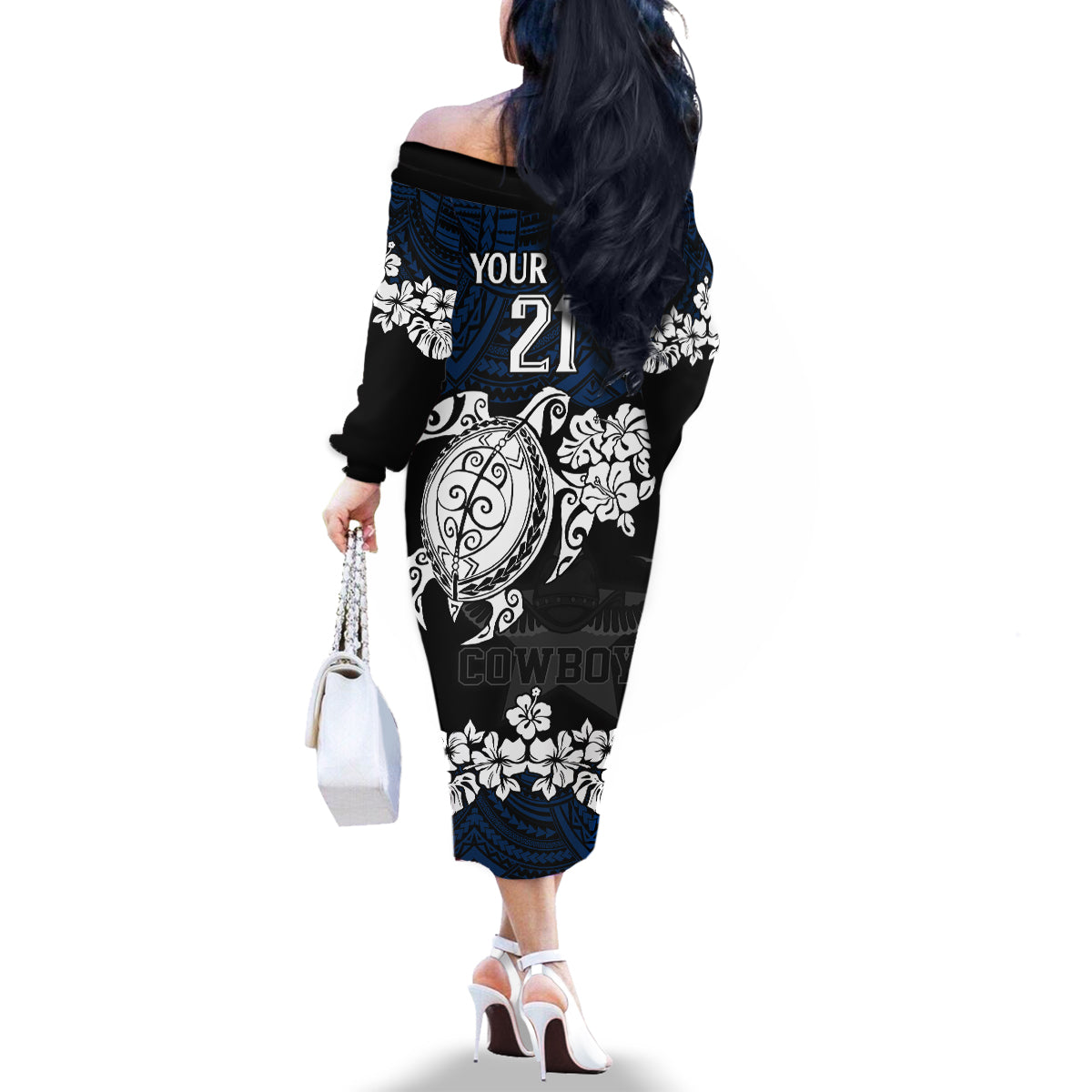 custom-cowboys-rugby-family-matching-off-shoulder-long-sleeve-dress-and-hawaiian-shirt-hibiscus-and-turtle-with-polynesian-pattern