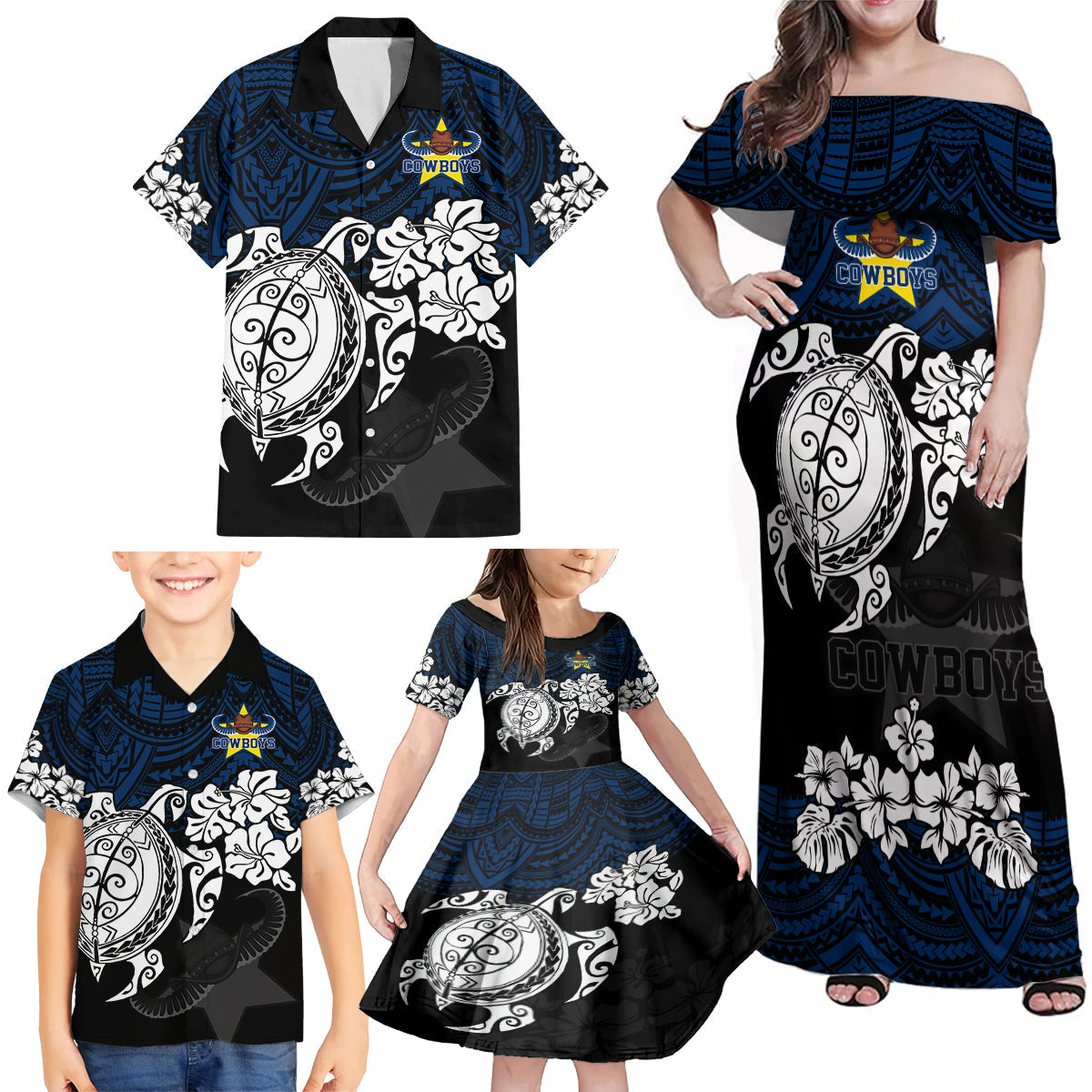 custom-cowboys-rugby-family-matching-off-shoulder-maxi-dress-and-hawaiian-shirt-hibiscus-and-turtle-with-polynesian-pattern