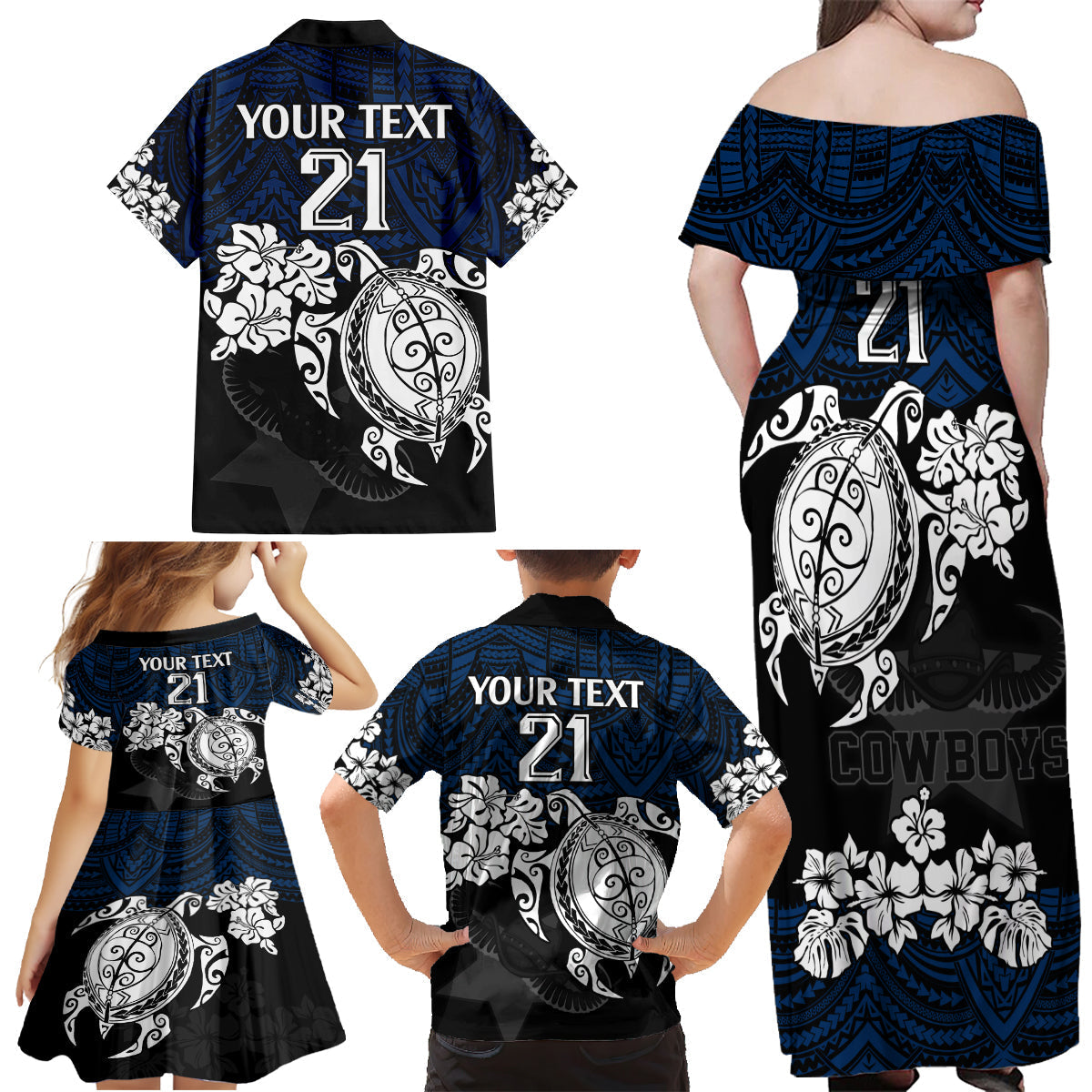 custom-cowboys-rugby-family-matching-off-shoulder-maxi-dress-and-hawaiian-shirt-hibiscus-and-turtle-with-polynesian-pattern