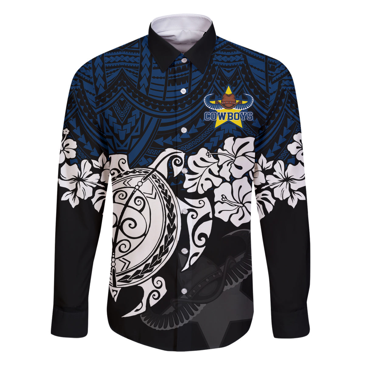 custom-cowboys-rugby-family-matching-off-shoulder-maxi-dress-and-hawaiian-shirt-hibiscus-and-turtle-with-polynesian-pattern