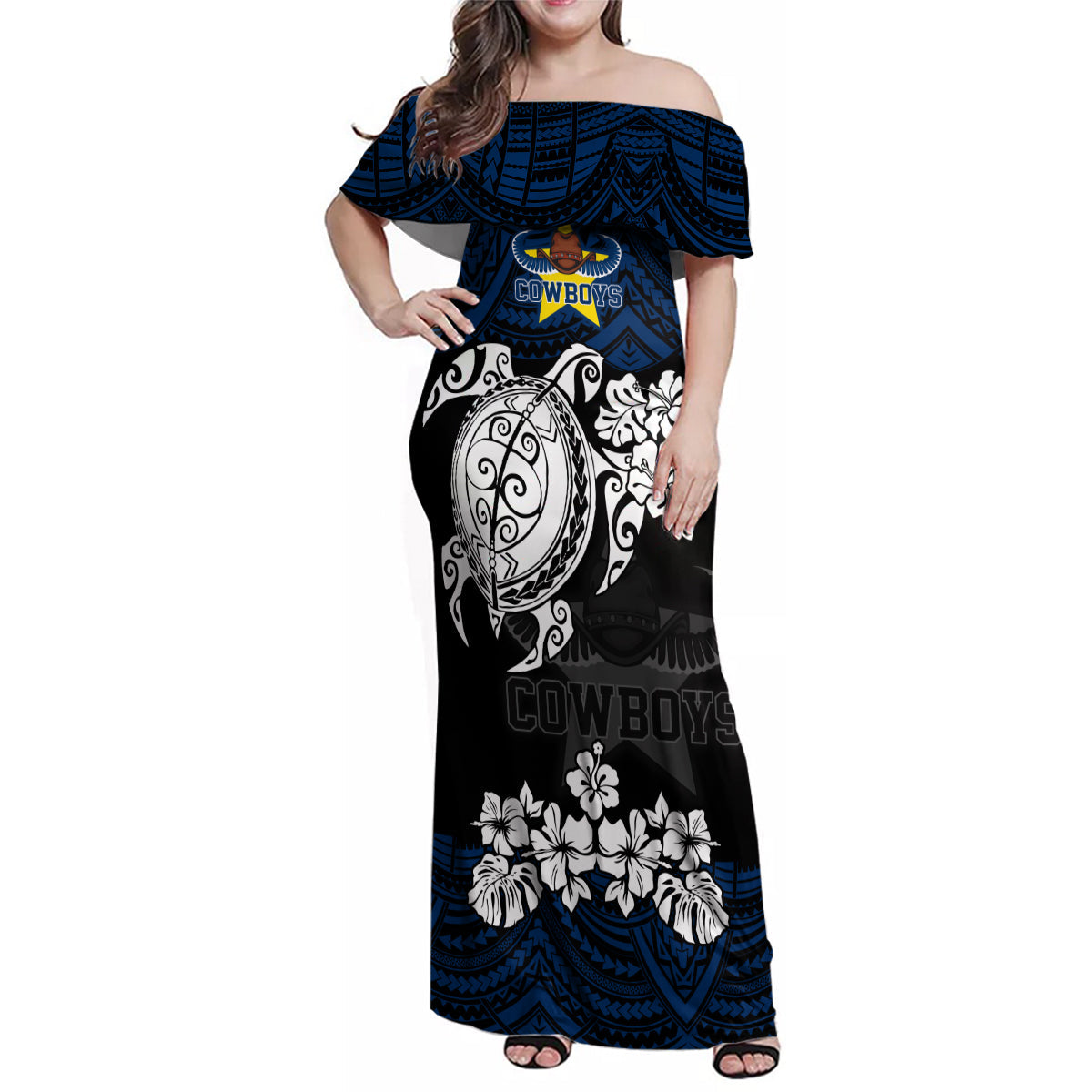 custom-cowboys-rugby-family-matching-off-shoulder-maxi-dress-and-hawaiian-shirt-hibiscus-and-turtle-with-polynesian-pattern