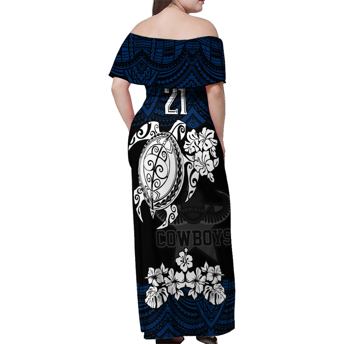 custom-cowboys-rugby-family-matching-off-shoulder-maxi-dress-and-hawaiian-shirt-hibiscus-and-turtle-with-polynesian-pattern