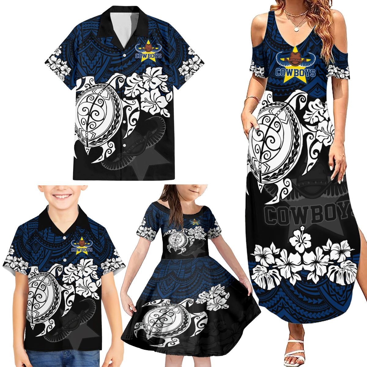 custom-cowboys-rugby-family-matching-summer-maxi-dress-and-hawaiian-shirt-hibiscus-and-turtle-with-polynesian-pattern