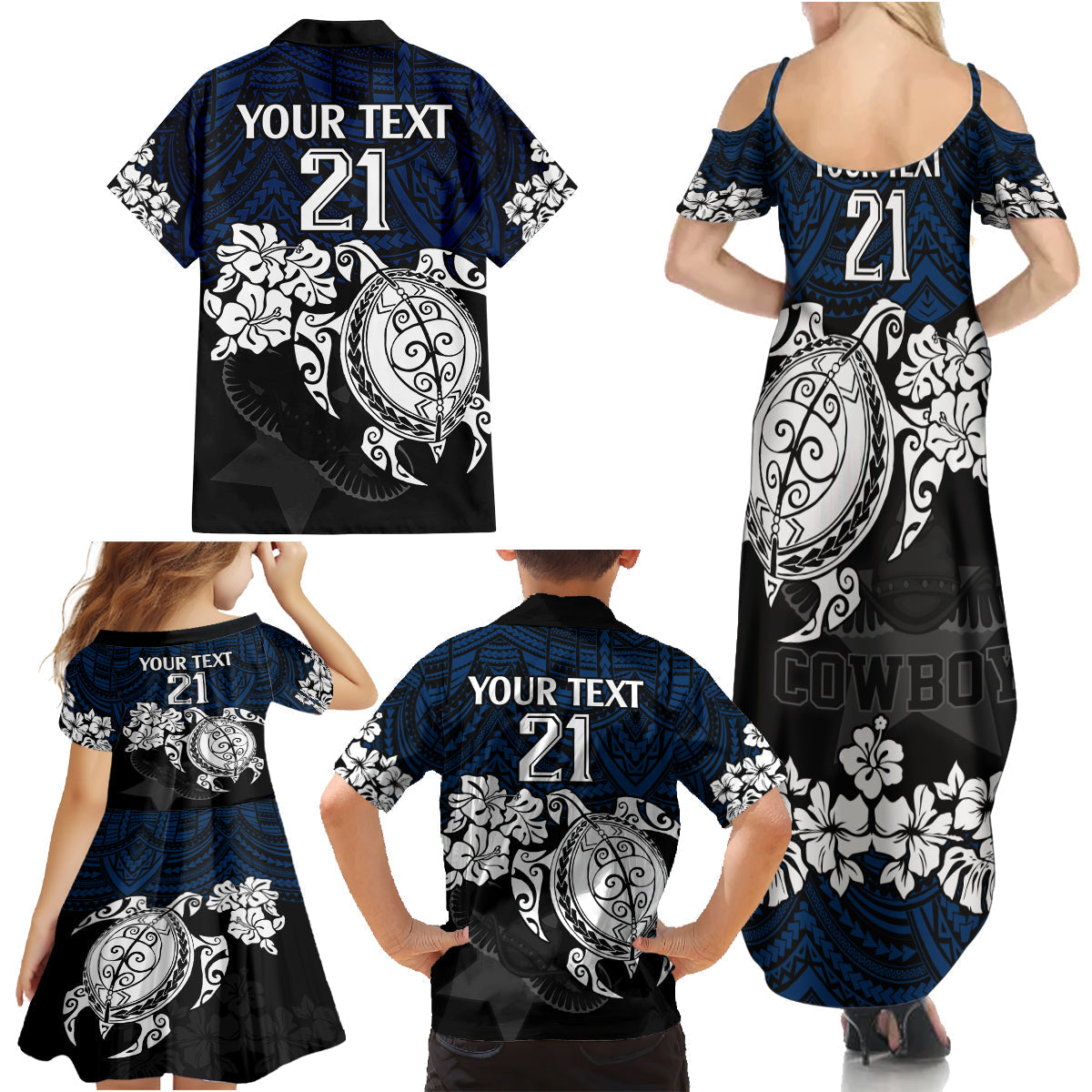 custom-cowboys-rugby-family-matching-summer-maxi-dress-and-hawaiian-shirt-hibiscus-and-turtle-with-polynesian-pattern